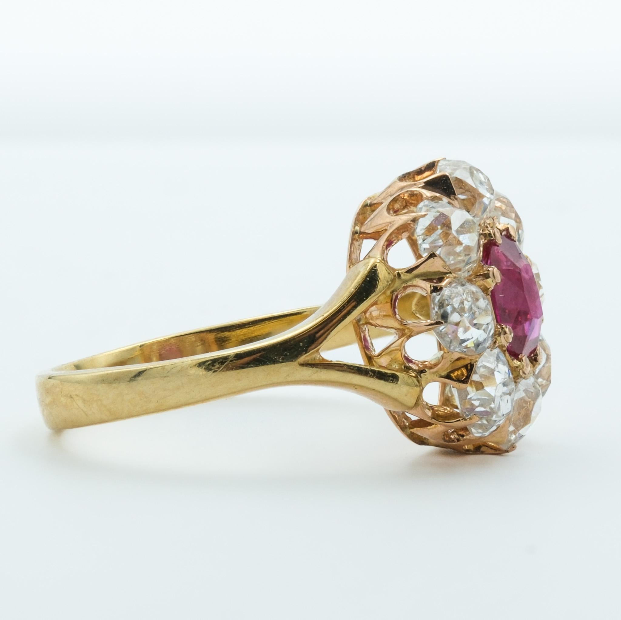 Women's Victorian 18 Karat .85ct Ruby and 1.54ct Old Miner Cut Diamonds Cluster Ring For Sale