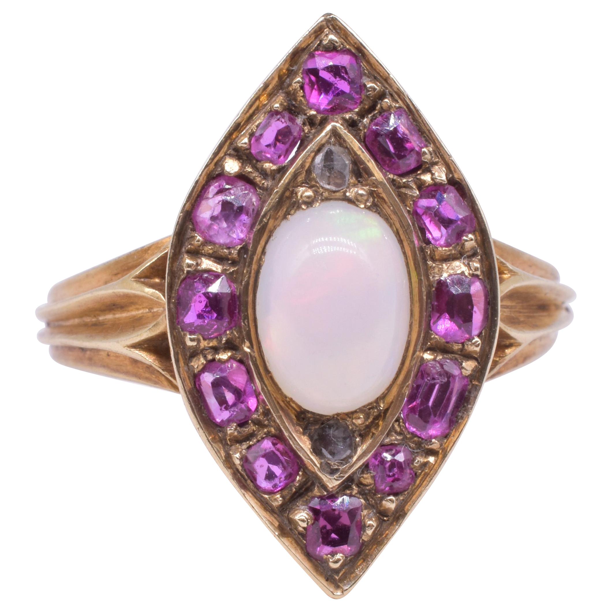 Victorian Marquis Shaped 18 Karat Ruby and Rose Diamond Ring with Opal Center 