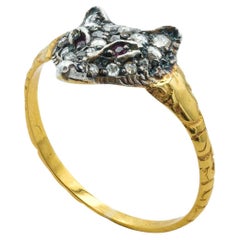 Antique Victorian 18 Karat Silver Topped Fox Ring With .16 Carats of Rose Cut Diamonds