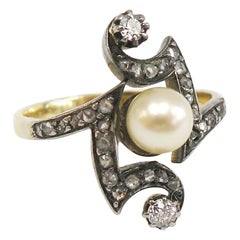 Victorian 18 Karat, Sterling Silver, Pearl and Diamond Ring