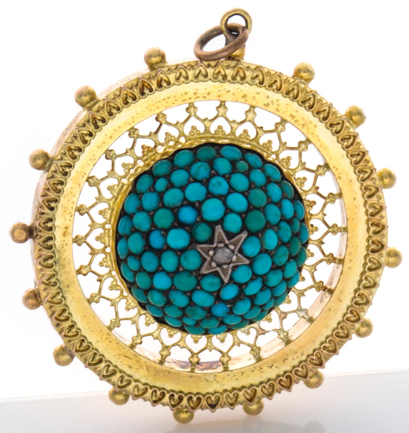 Victorian 18 Karat Turquoise Diamond Pendant For Sale 1