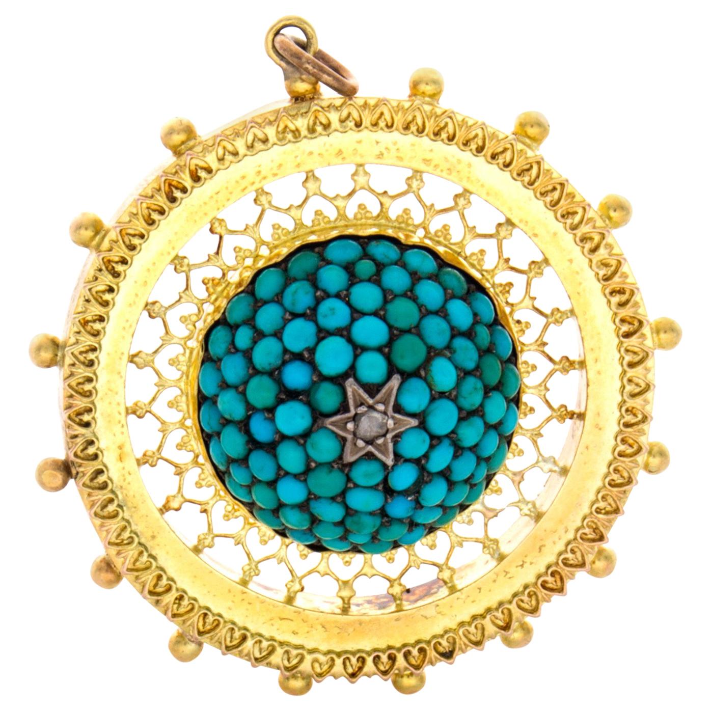 Victorian 18 Karat Turquoise Diamond Pendant For Sale