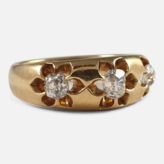 Victorian 18 Karat Yellow Gold 0.76 Carat 3-Stone Diamond Gypsy Ring, 1884