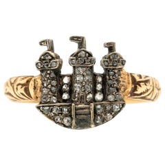 Victorian 18 Karat Yellow Gold and Silver Diamond Castle Ring, circa 1850s