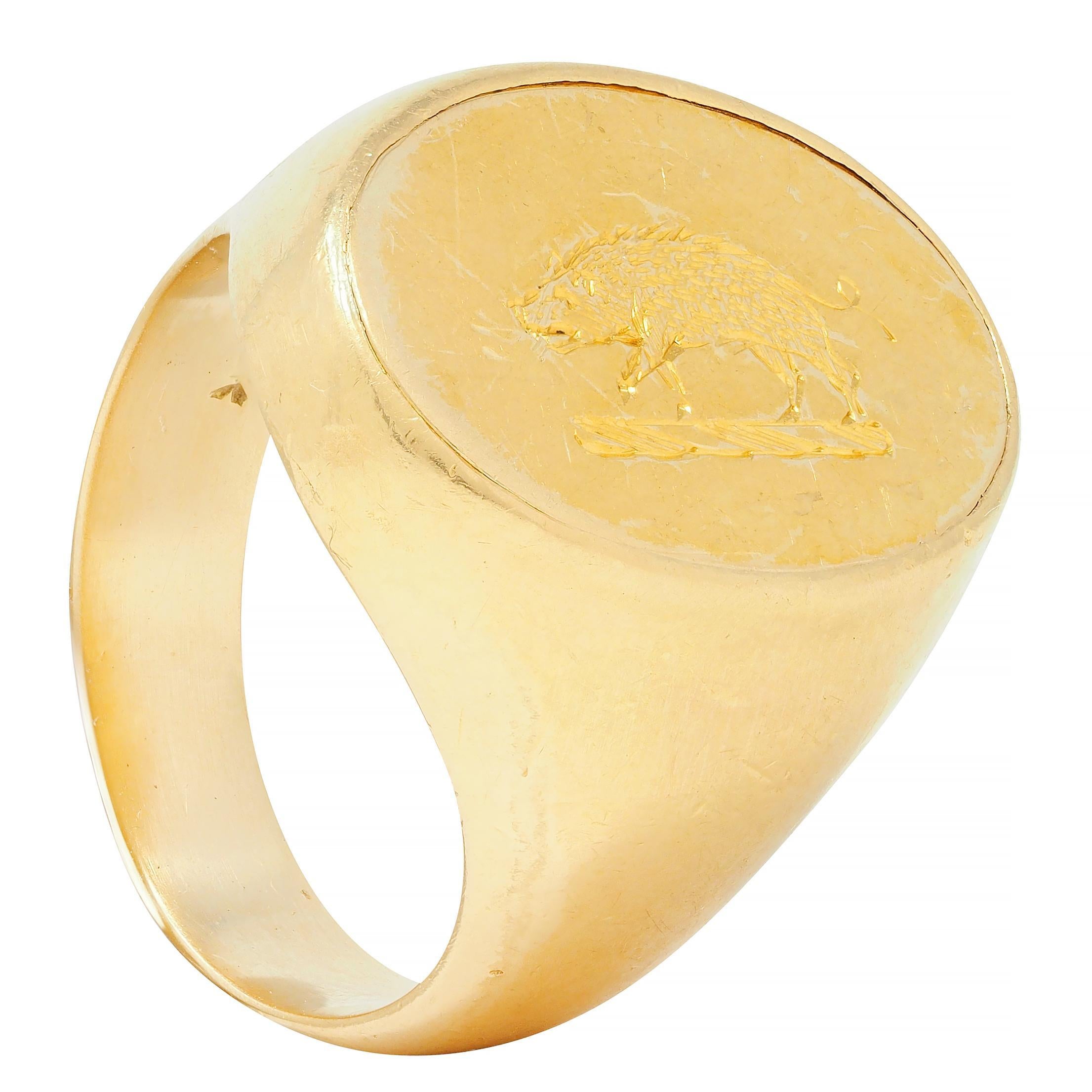 Victorian 18 Karat Yellow Gold Antique Boar Signet Ring For Sale 7