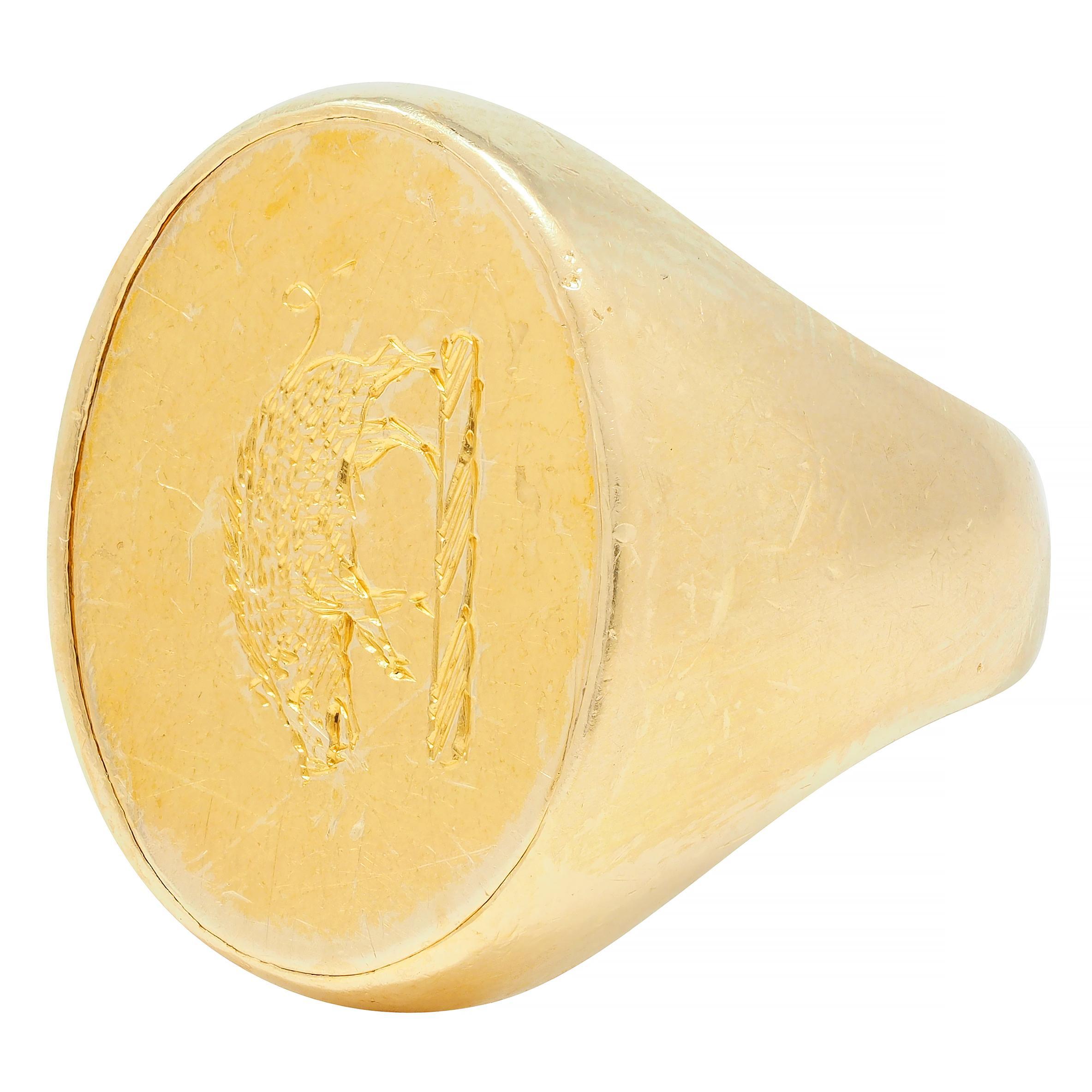 Victorian 18 Karat Yellow Gold Antique Boar Signet Ring For Sale 3