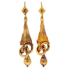 Victorian 18 Karat Yellow Gold Antique Etruscan Revival Drop Earrings