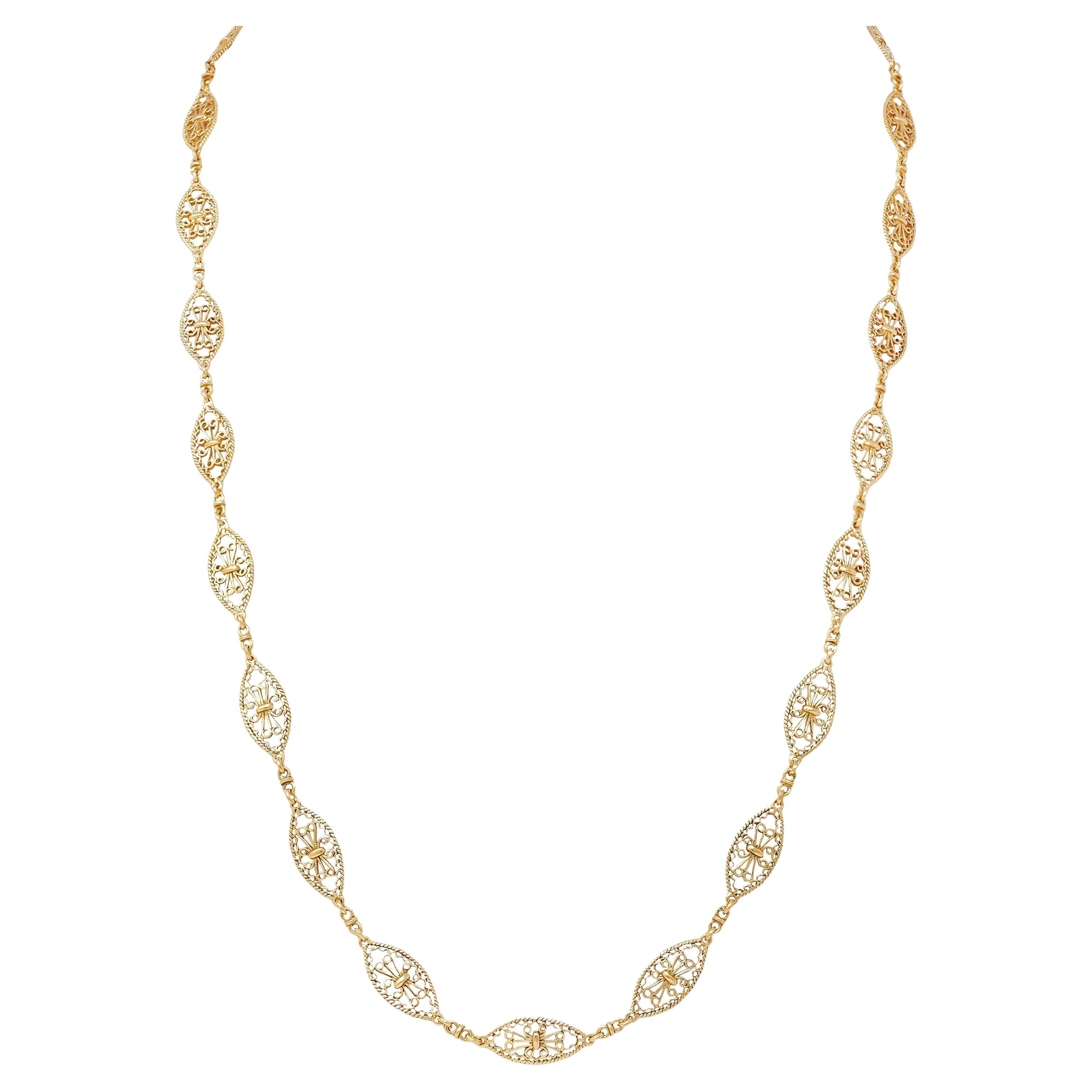 Victorian 18 Karat Yellow Gold Antique Fancy Rope Navette Link Chain Necklace