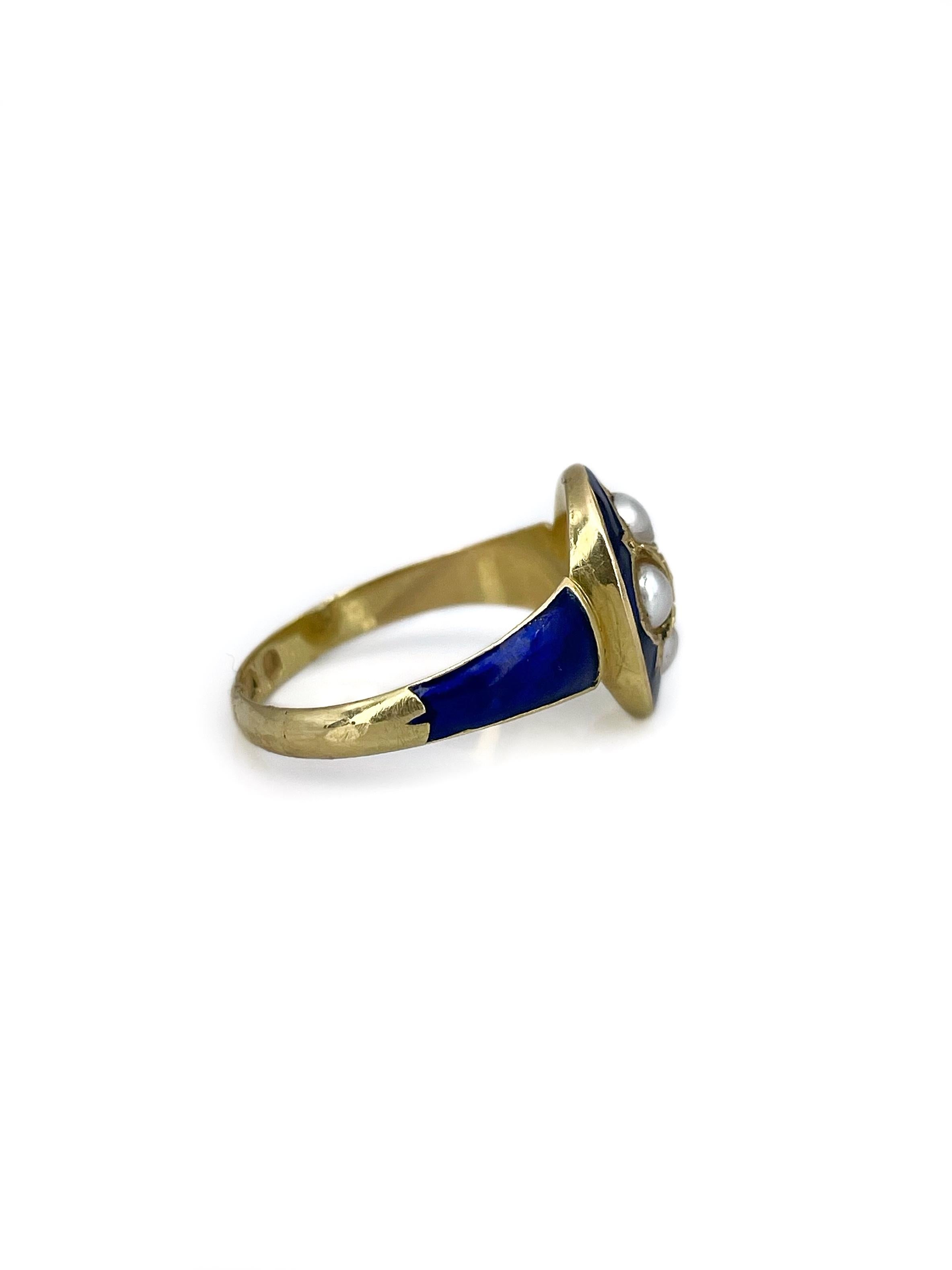IMPORTANT: can’t be resized

This is a stunning Victorian navette ring crafted in 18K yellow gold. The piece features 4 cultured pearls and 1 rose cut diamond. It is adorned with blue enamel which is in perfect condition. Circa 1870. 

Weight: 2.76g