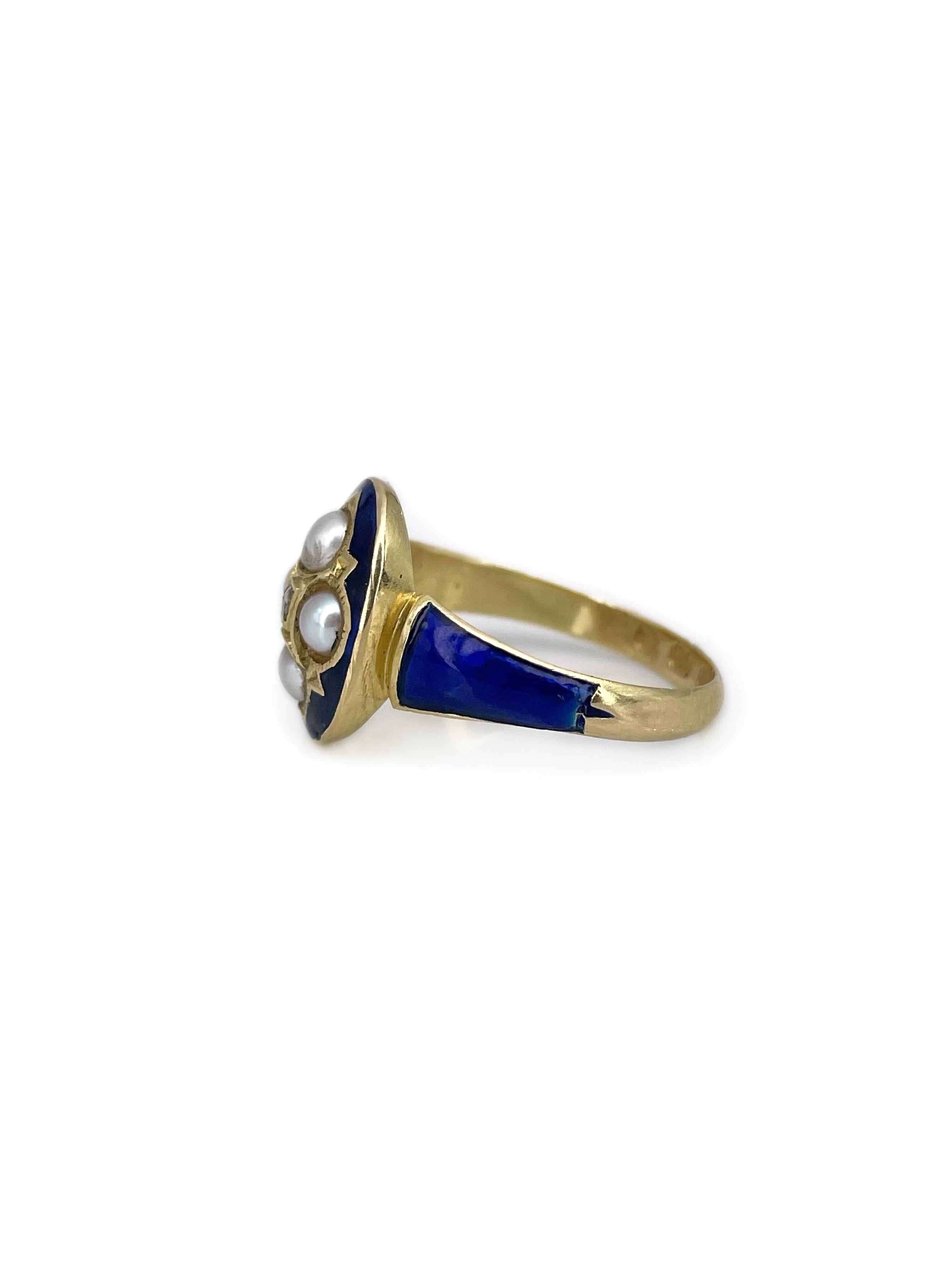 Mixed Cut Victorian 18 Karat Yellow Gold Blue Enamel Pearl Diamond Navette Ring