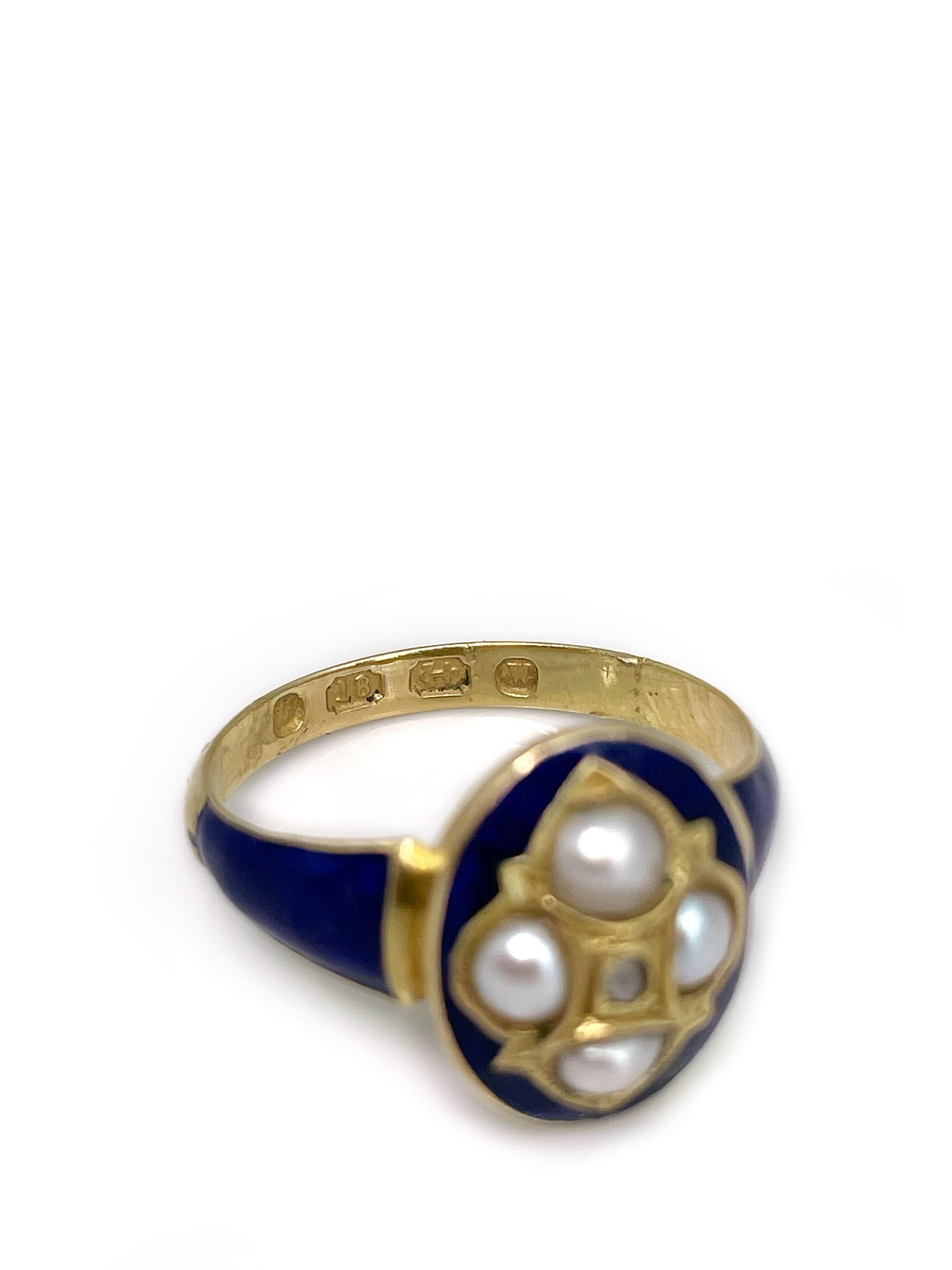 Victorian 18 Karat Yellow Gold Blue Enamel Pearl Diamond Navette Ring In Good Condition In Vilnius, LT