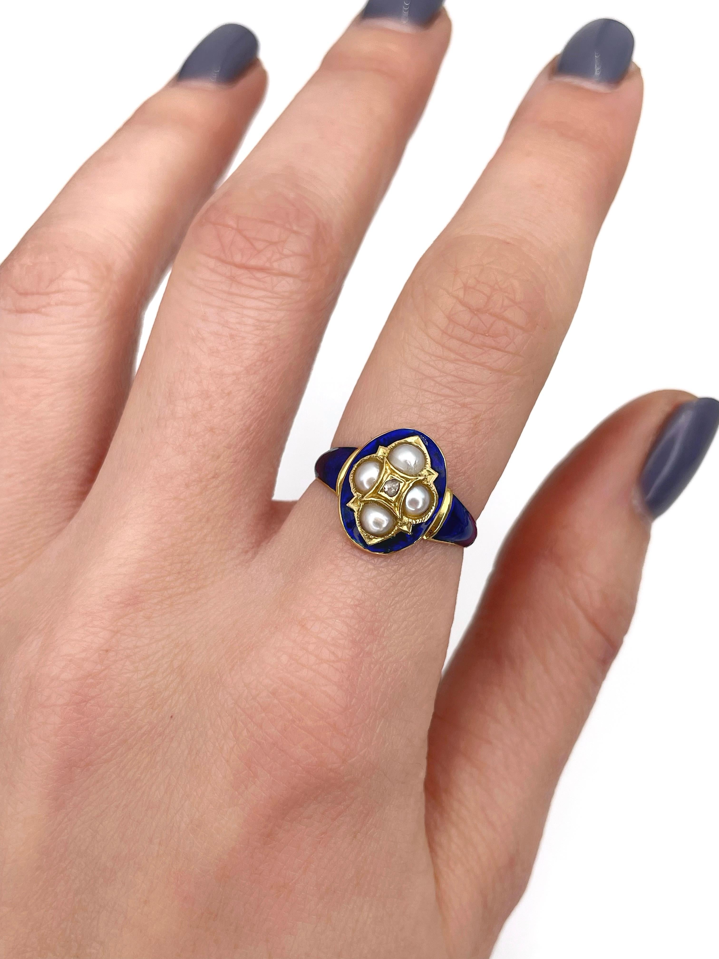 Women's Victorian 18 Karat Yellow Gold Blue Enamel Pearl Diamond Navette Ring