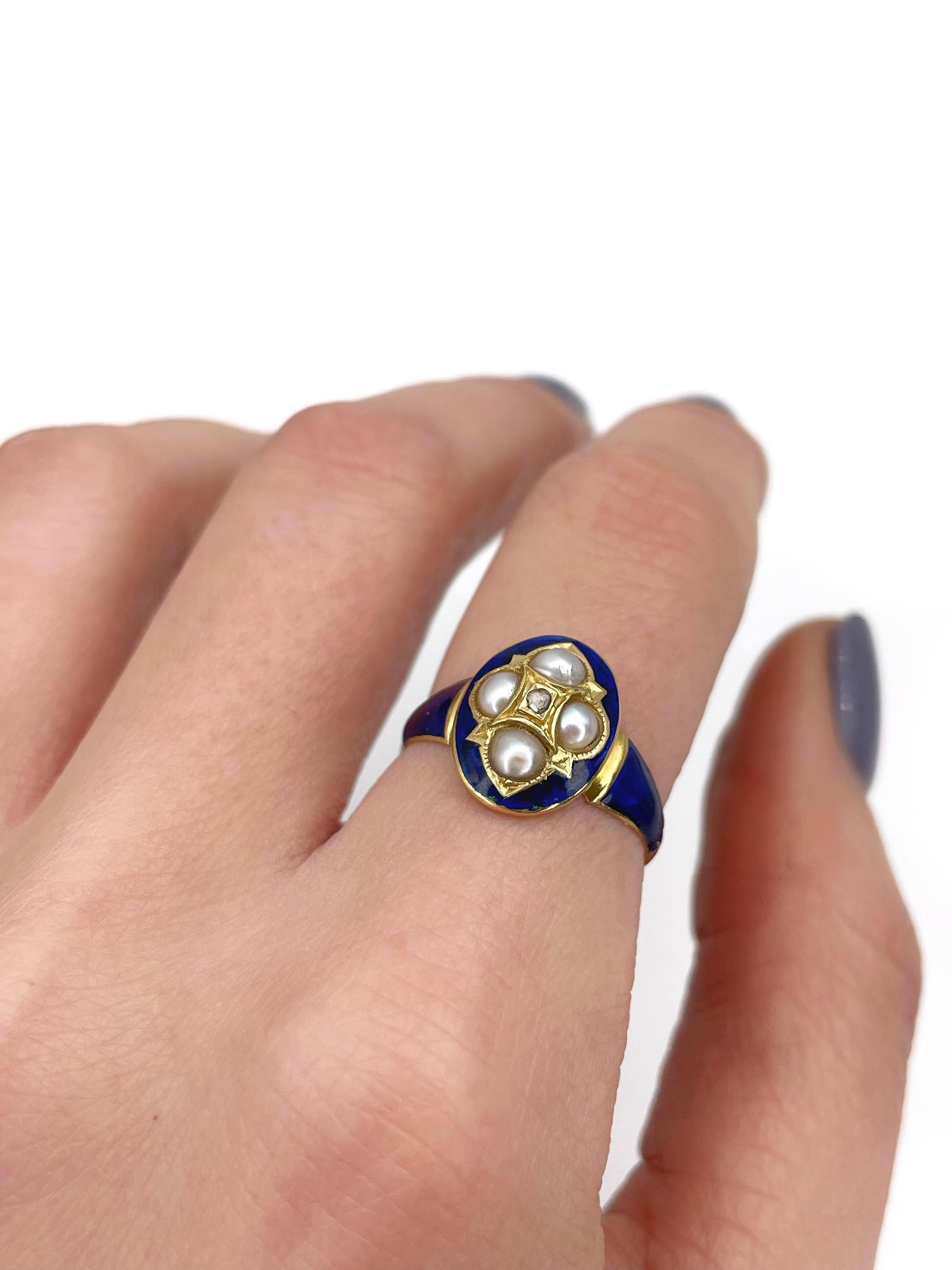 Victorian 18 Karat Yellow Gold Blue Enamel Pearl Diamond Navette Ring 2