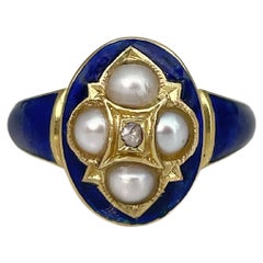 Victorian 18 Karat Yellow Gold Blue Enamel Pearl Diamond Navette Ring