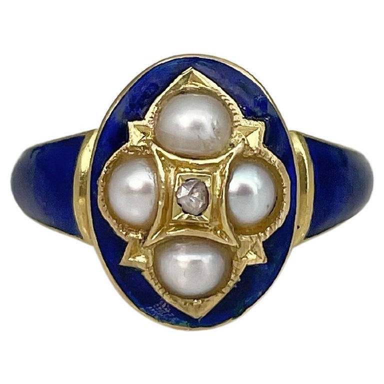 Victorian 18 Karat Yellow Gold Blue Enamel Pearl Diamond Navette Ring ...