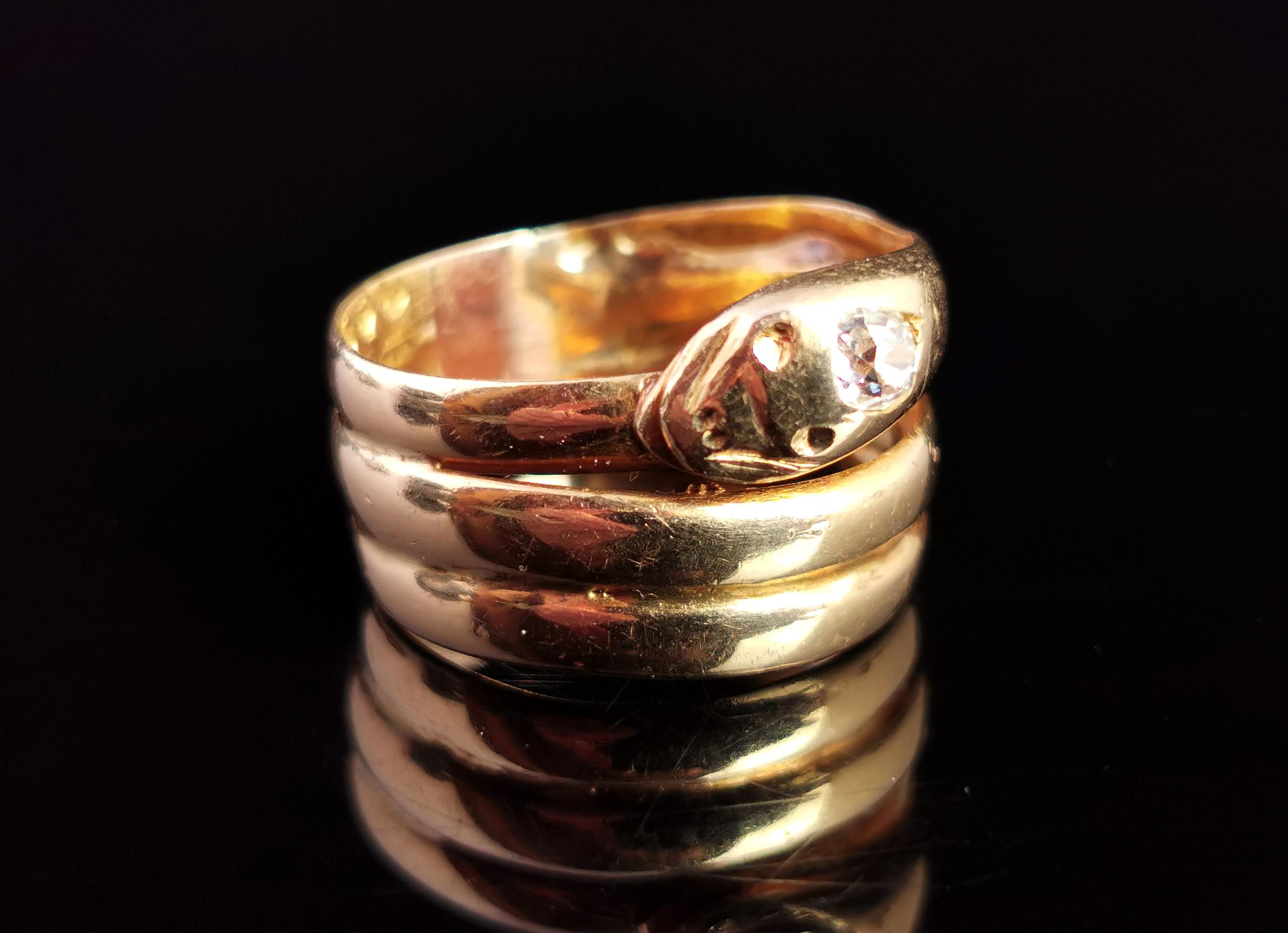 Women's or Men's Victorian 18 Karat Yellow Gold Diamond Snake Ring