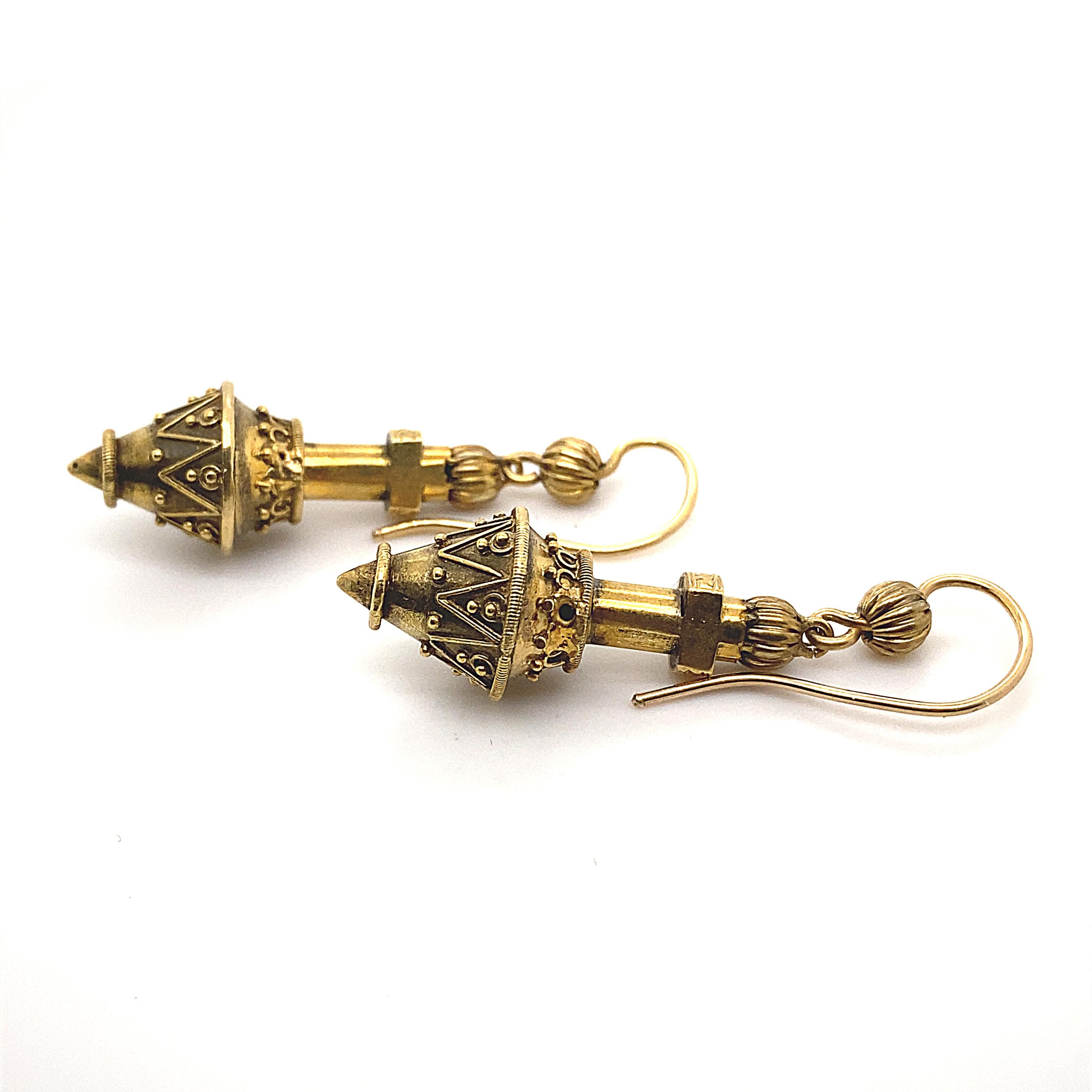 Women's or Men's Victorian 18 Karat Yellow Gold Drop Earrings For Sale