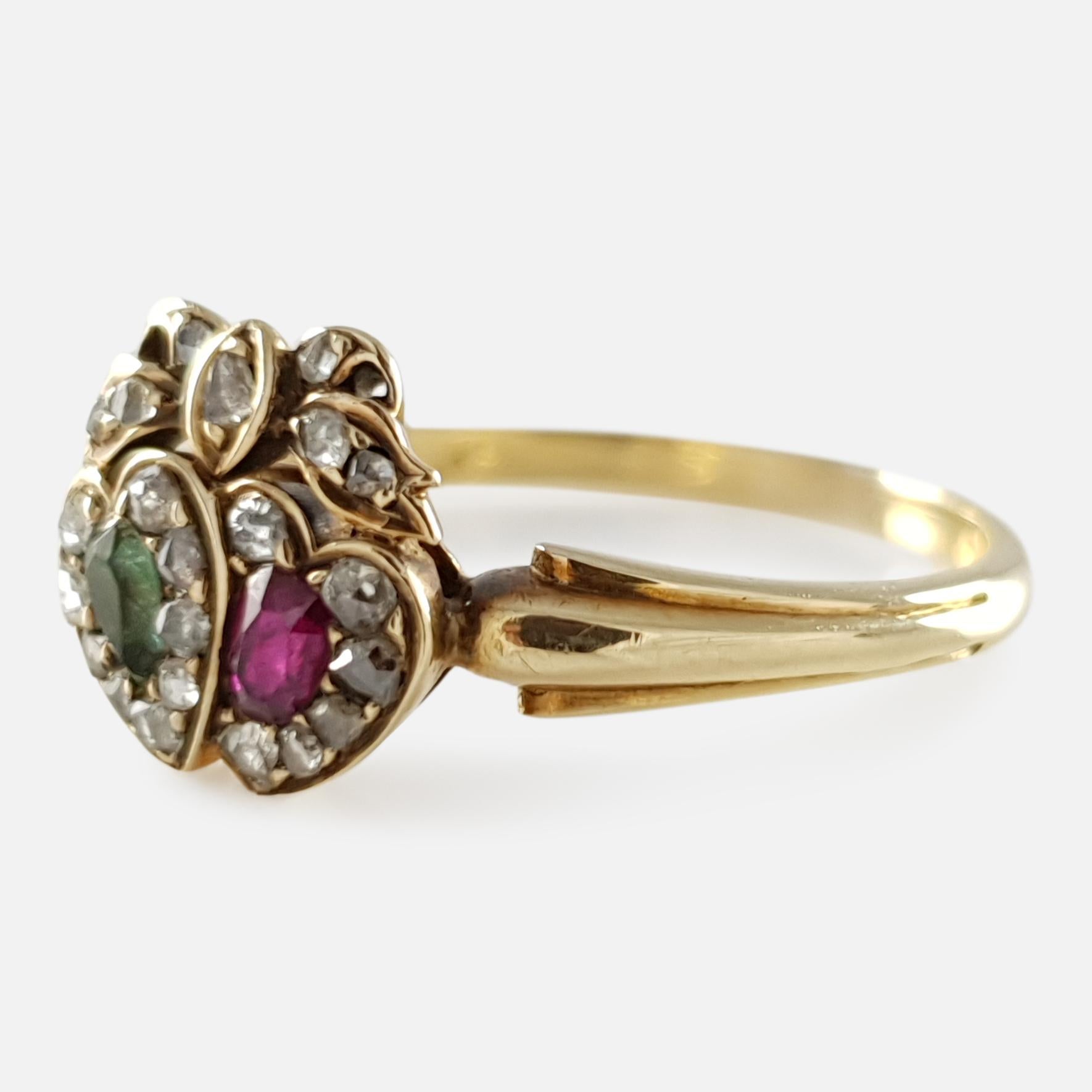 Victorian 18 Karat Yellow Gold Emerald Ruby and Diamond Conjoined Hearts Ring 3