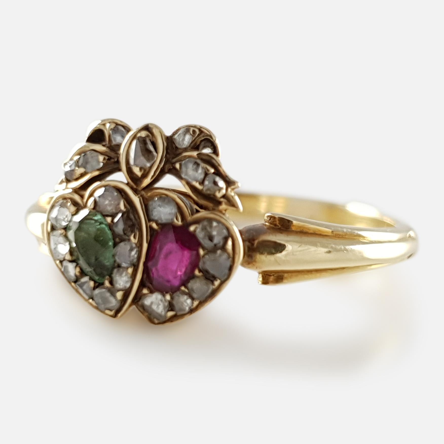 Victorian 18 Karat Yellow Gold Emerald Ruby and Diamond Conjoined Hearts Ring 4