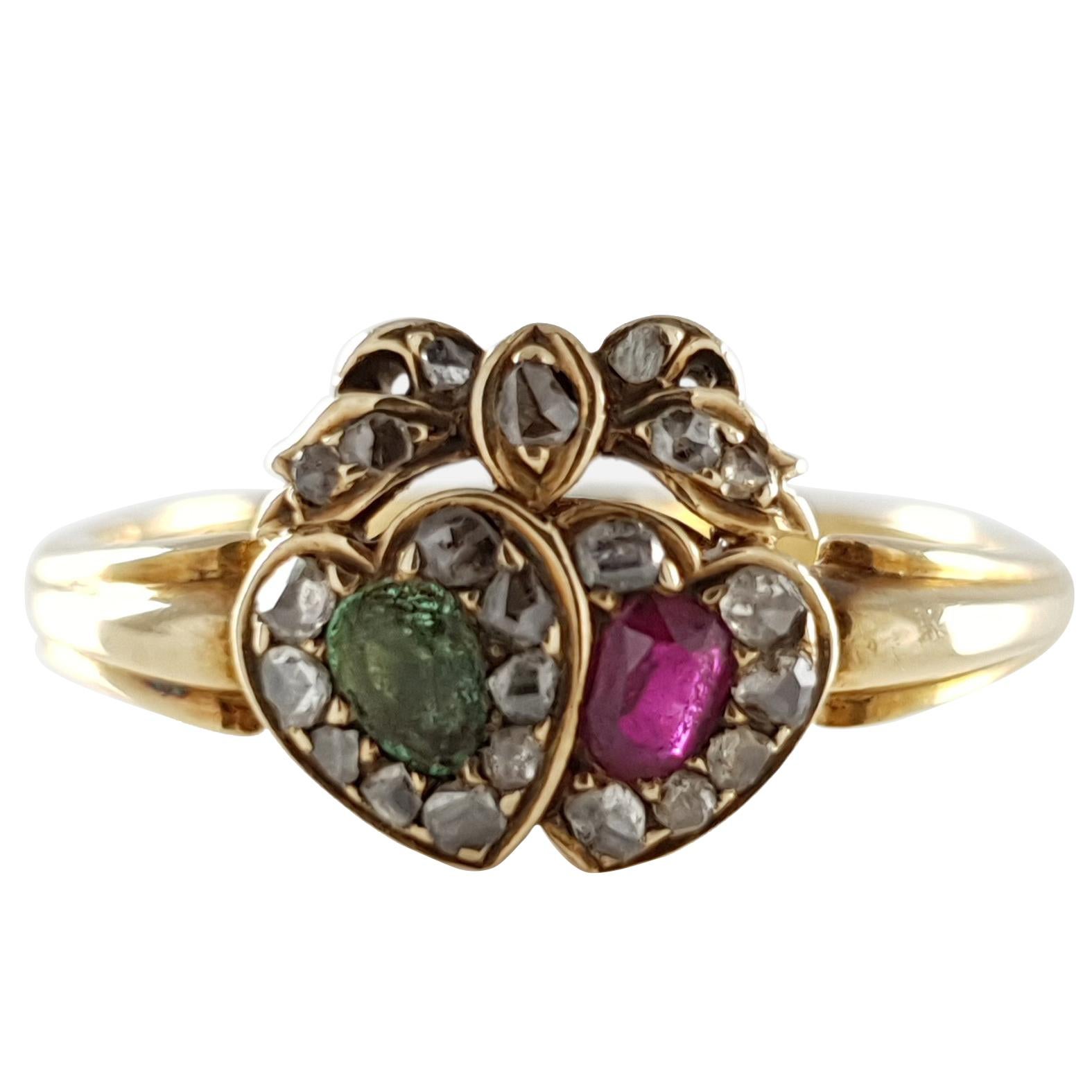 Victorian 18 Karat Yellow Gold Emerald Ruby and Diamond Conjoined Hearts Ring