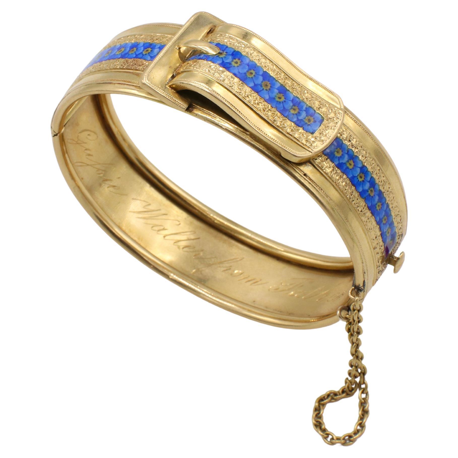 Victorian 18 Karat Yellow Gold Enamel Flower Buckle Bangle 1869 at