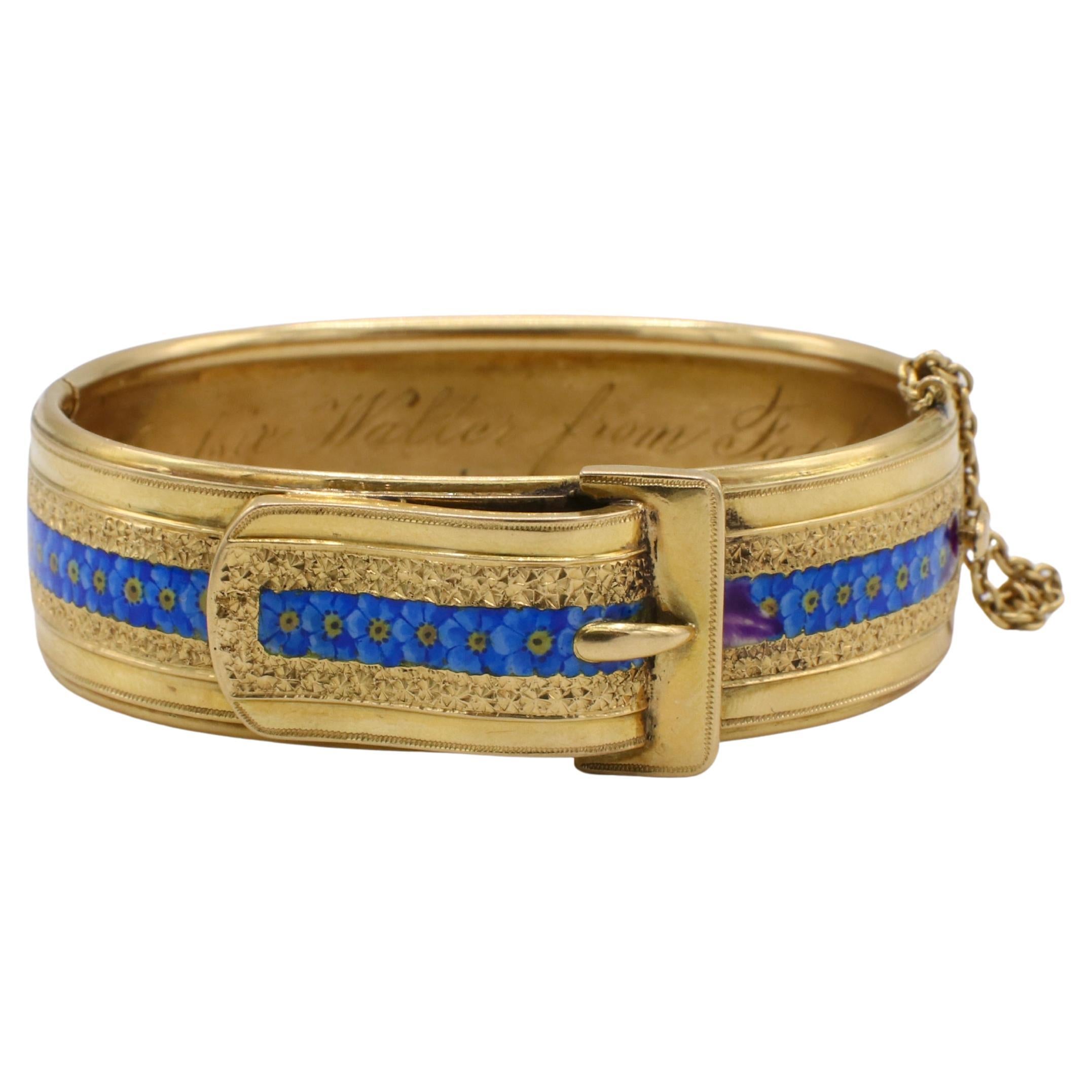 Bracelet victorien en or jaune 18 carats avec boucle en forme de fleur émaillée 1869