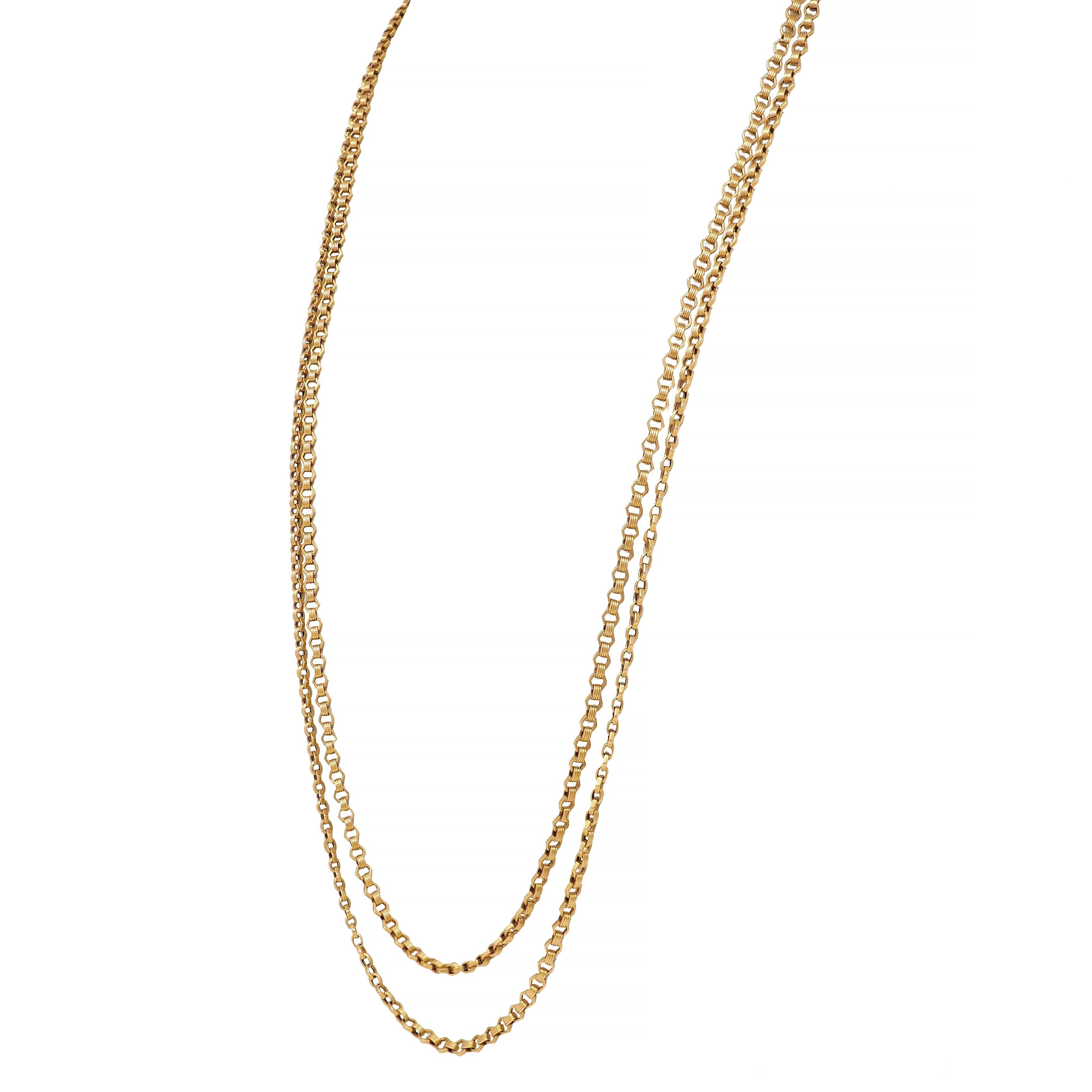 Long collier ancien de style victorien en or jaune 18 carats à maillons hexagonaux fantaisie 69 en vente 1