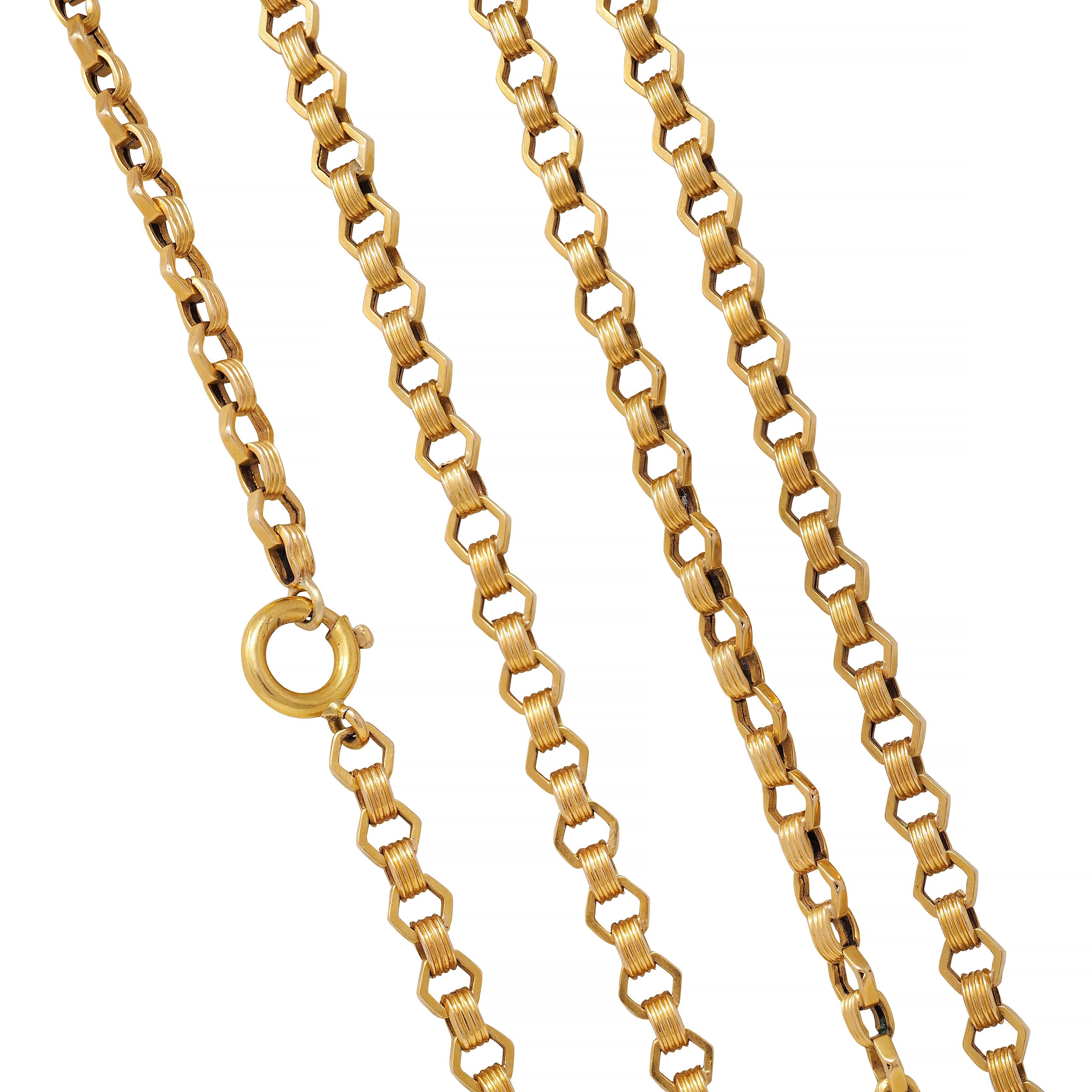 Long collier ancien de style victorien en or jaune 18 carats à maillons hexagonaux fantaisie 69 en vente 2