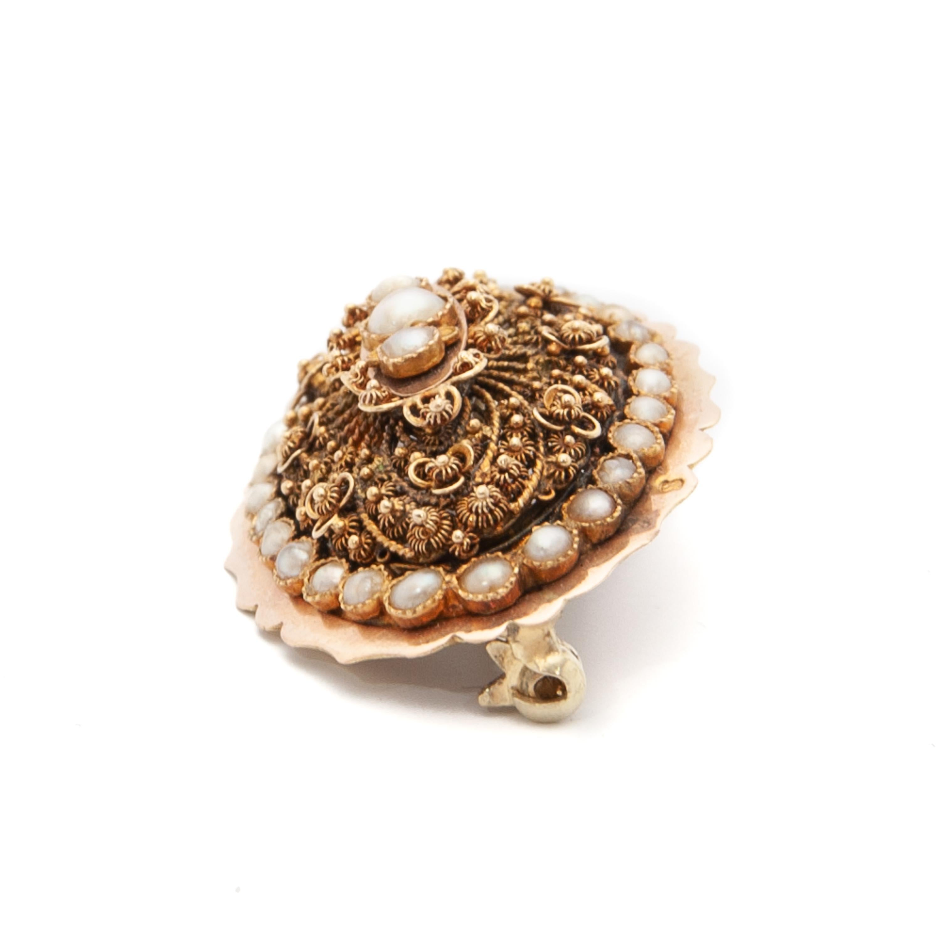 Victorian Antique 18K Gold Cannetille and Seed Pearl Brooch For Sale