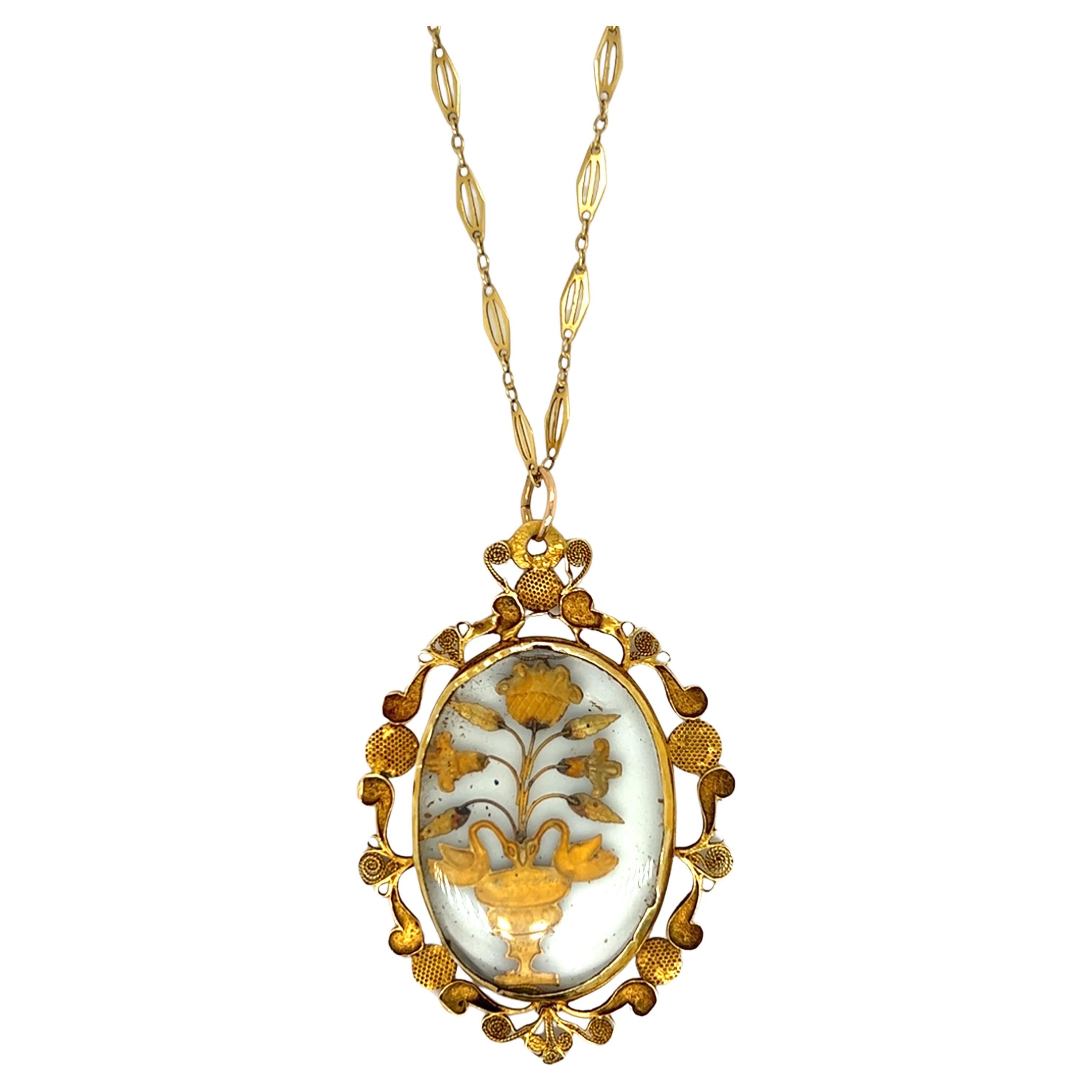 Victorian 18 Karat Yellow Gold Glass Pendant Necklace For Sale