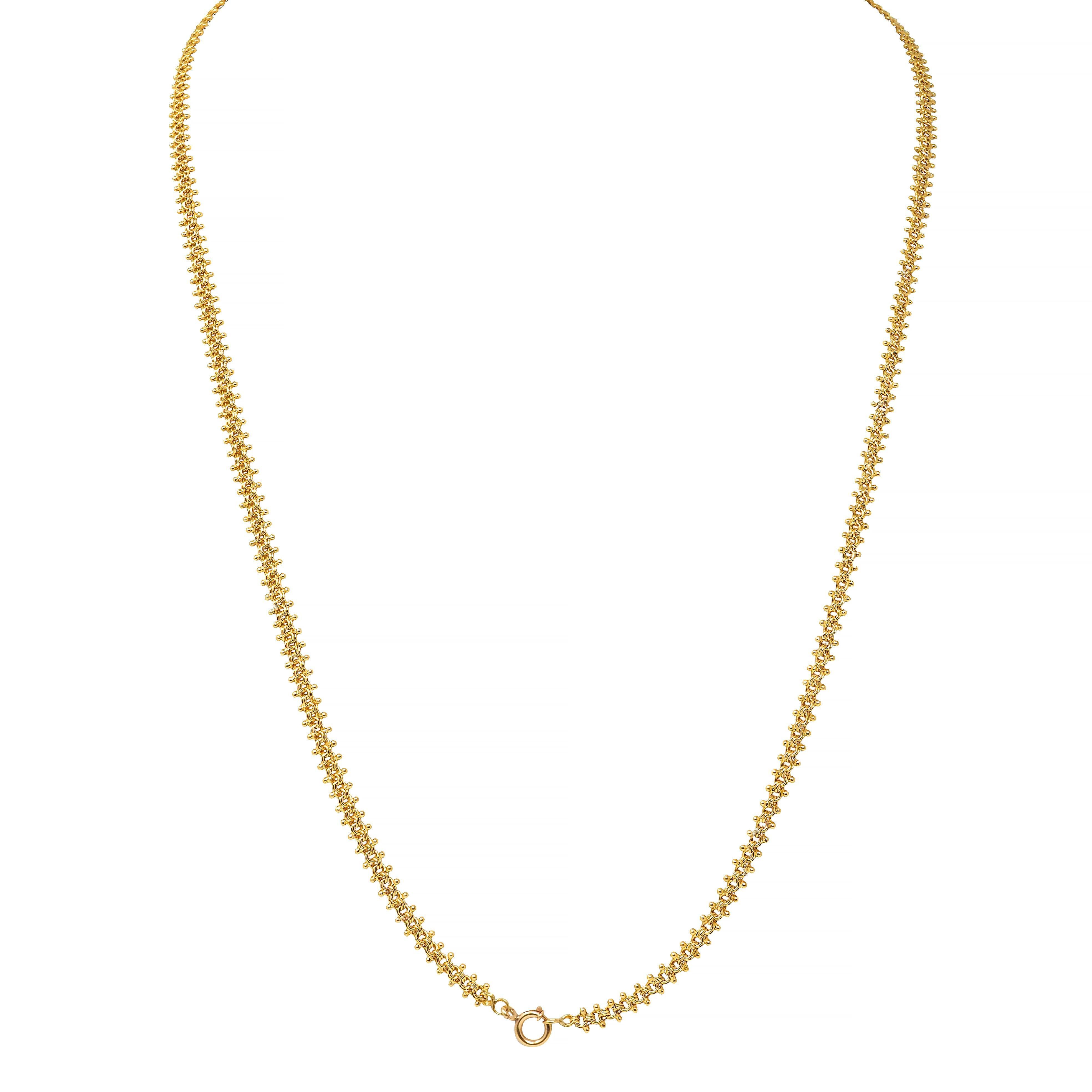 Victorian 18 Karat Yellow Gold Granulate Antique Fancy Chain Necklace For Sale 1