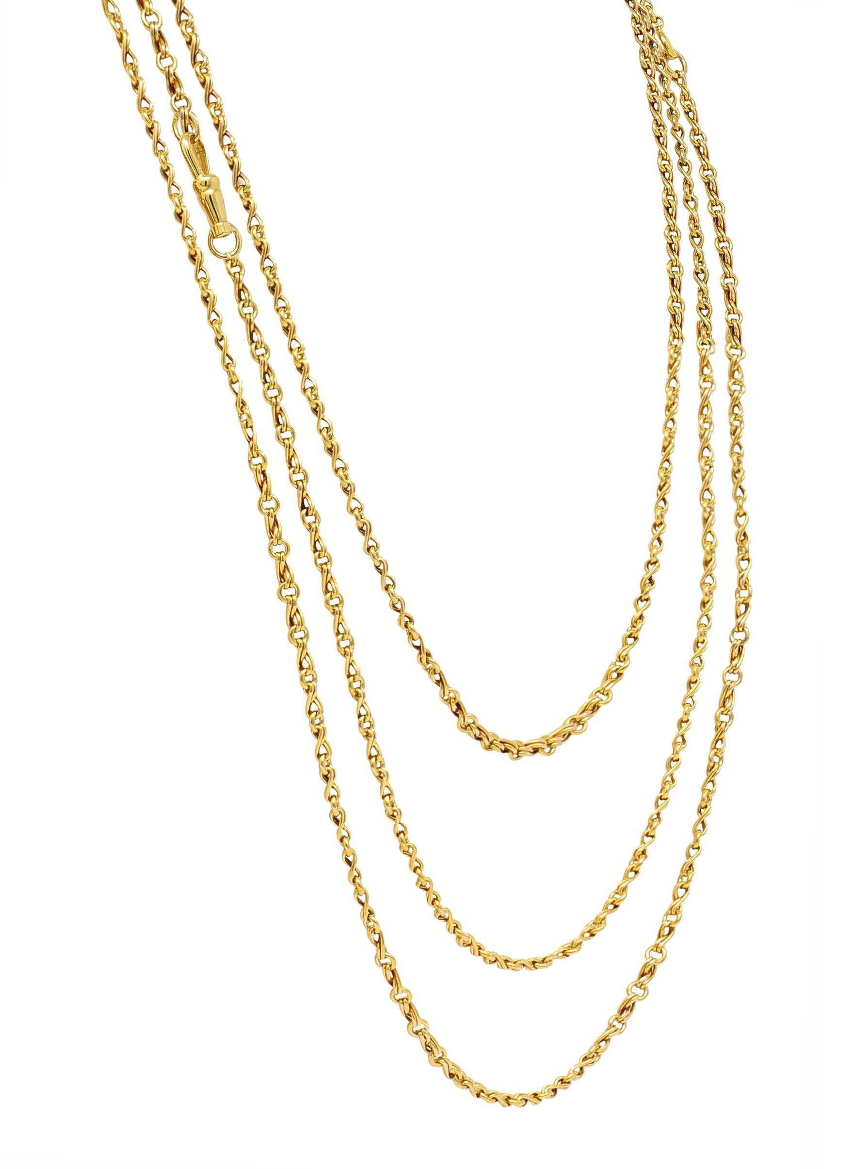 Victorian 18 Karat Yellow Gold Infinity Link 66.5 IN Long Antique Chain Necklace For Sale 1