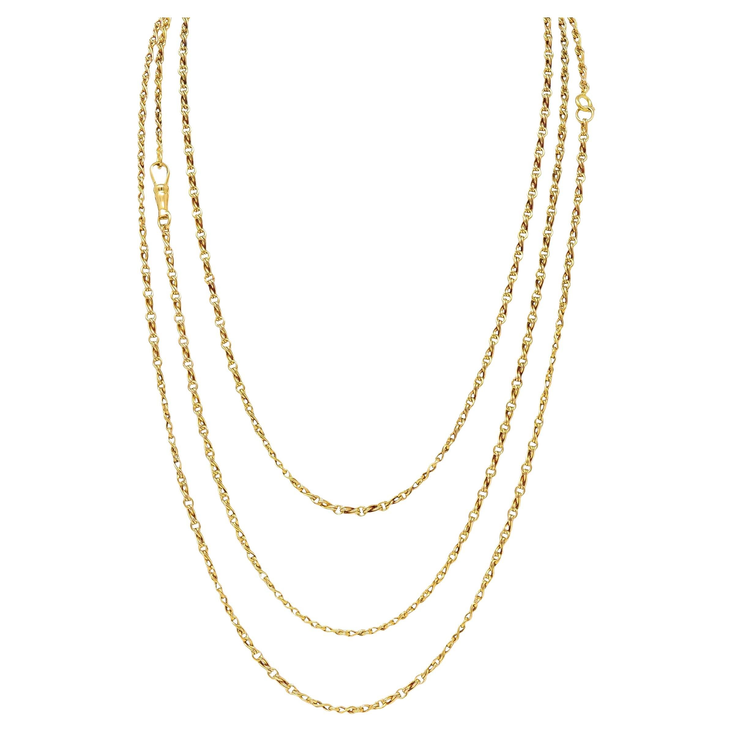 Long collier ancien victorien en or jaune 18 carats à maillons infinis de 66,5 pouces