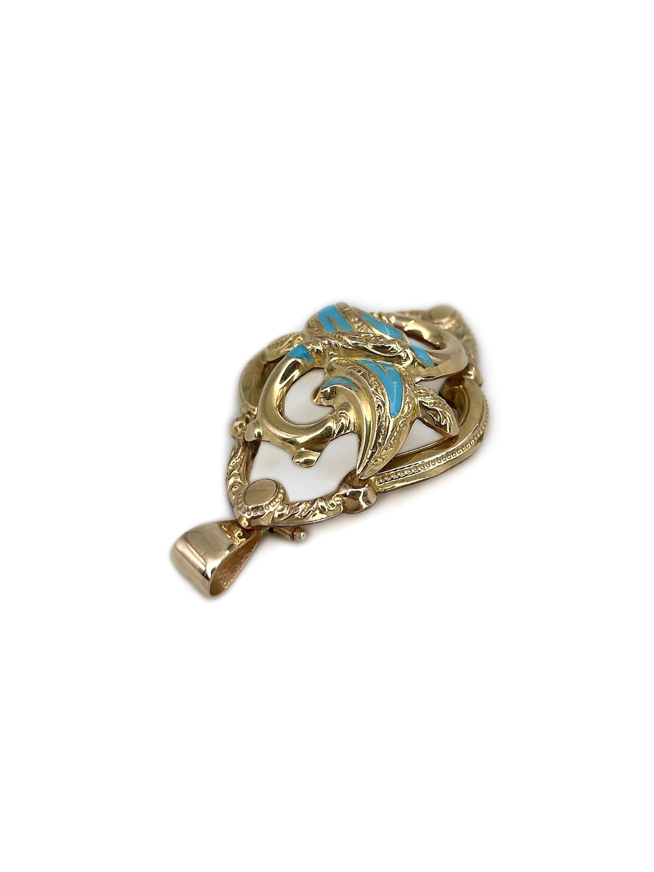 Viktorianische goldfarbene, hellblaue Emaille-Knoten-Anhänger-Halskette Damen