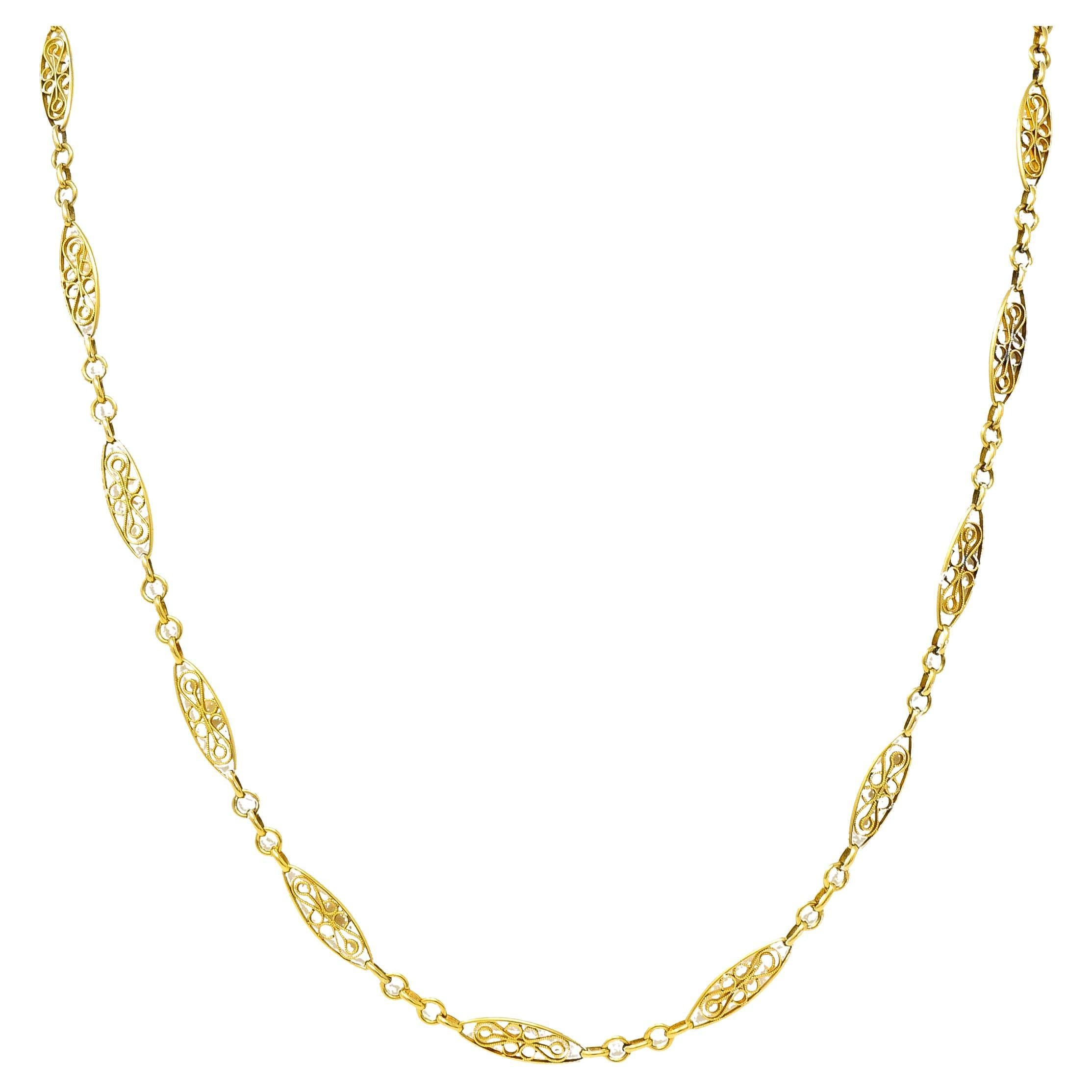 Antike viktorianische Halskette aus 18 Karat Gelbgold mit Navette-Glieder, Milgrain