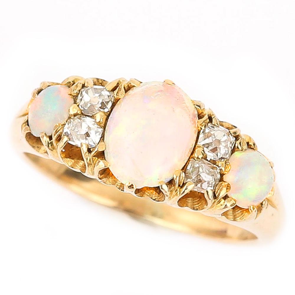 Victorian 18 Karat Gold Opal and Diamond Three Stone Gypsy Ring, circa 1890 3