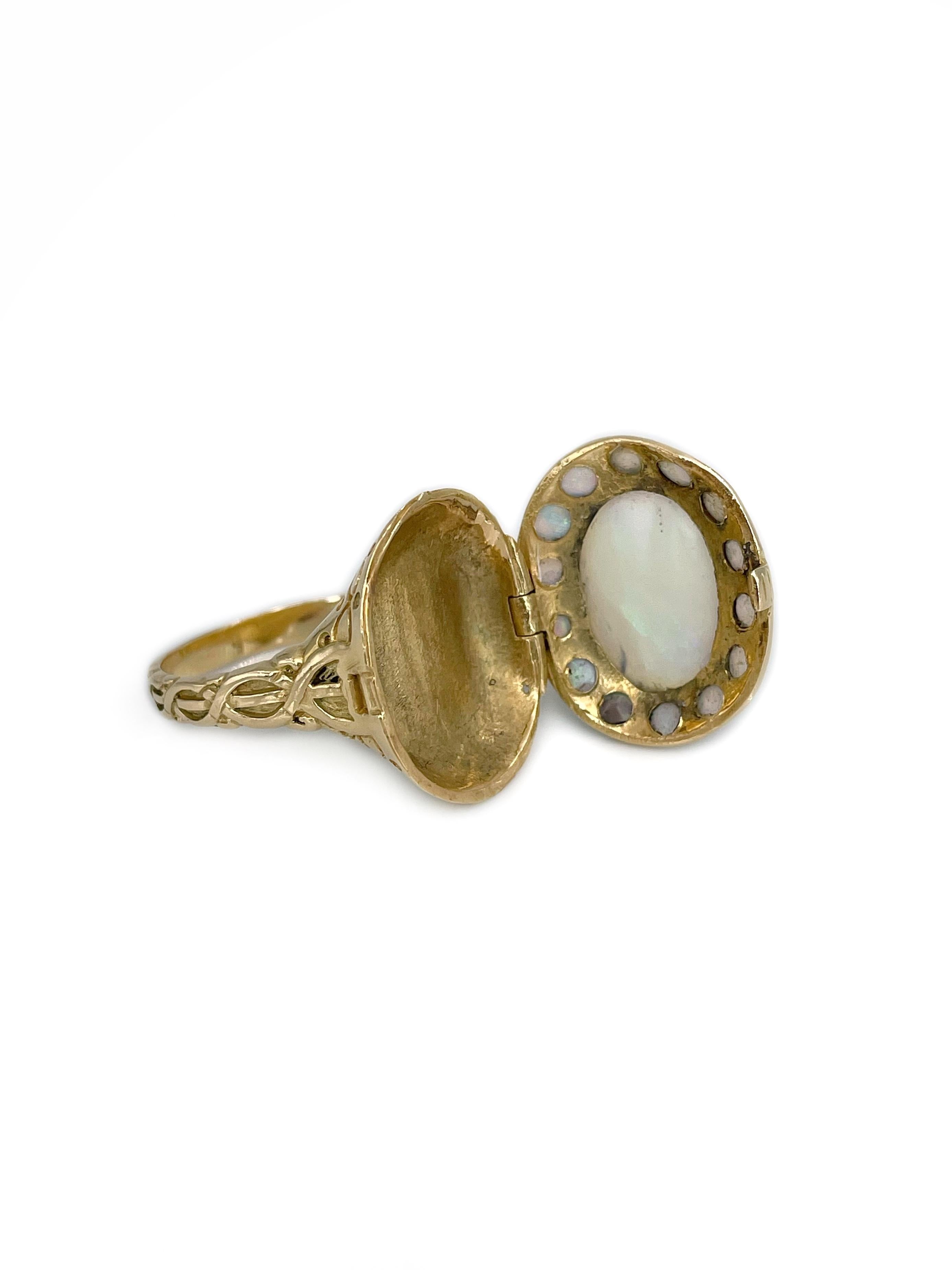 This is a Victorian poison ring crafted in 18K yellow gold. Circa 1890. 

The piece features cabochon cut opals. 

Weight: 8.30g
Size: 17.5 (US 7.25)

IMPORTANT: please ask about the possibility to resize before purchase. This process takes 2-7 days
