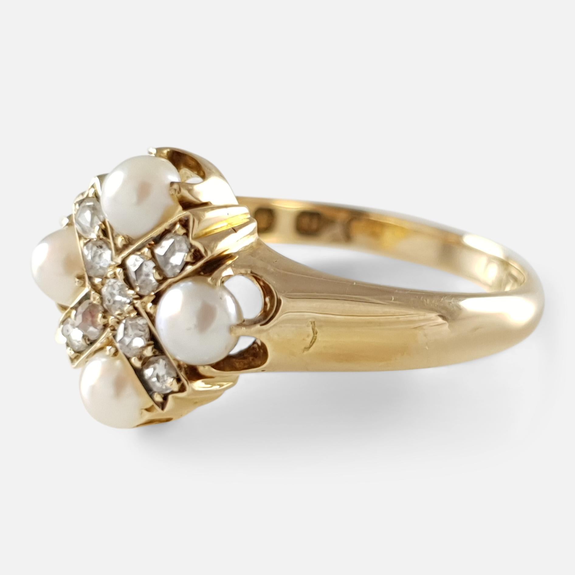 Victorian 18 Karat Yellow Gold Pearl and Diamond Cruciform Ring 1