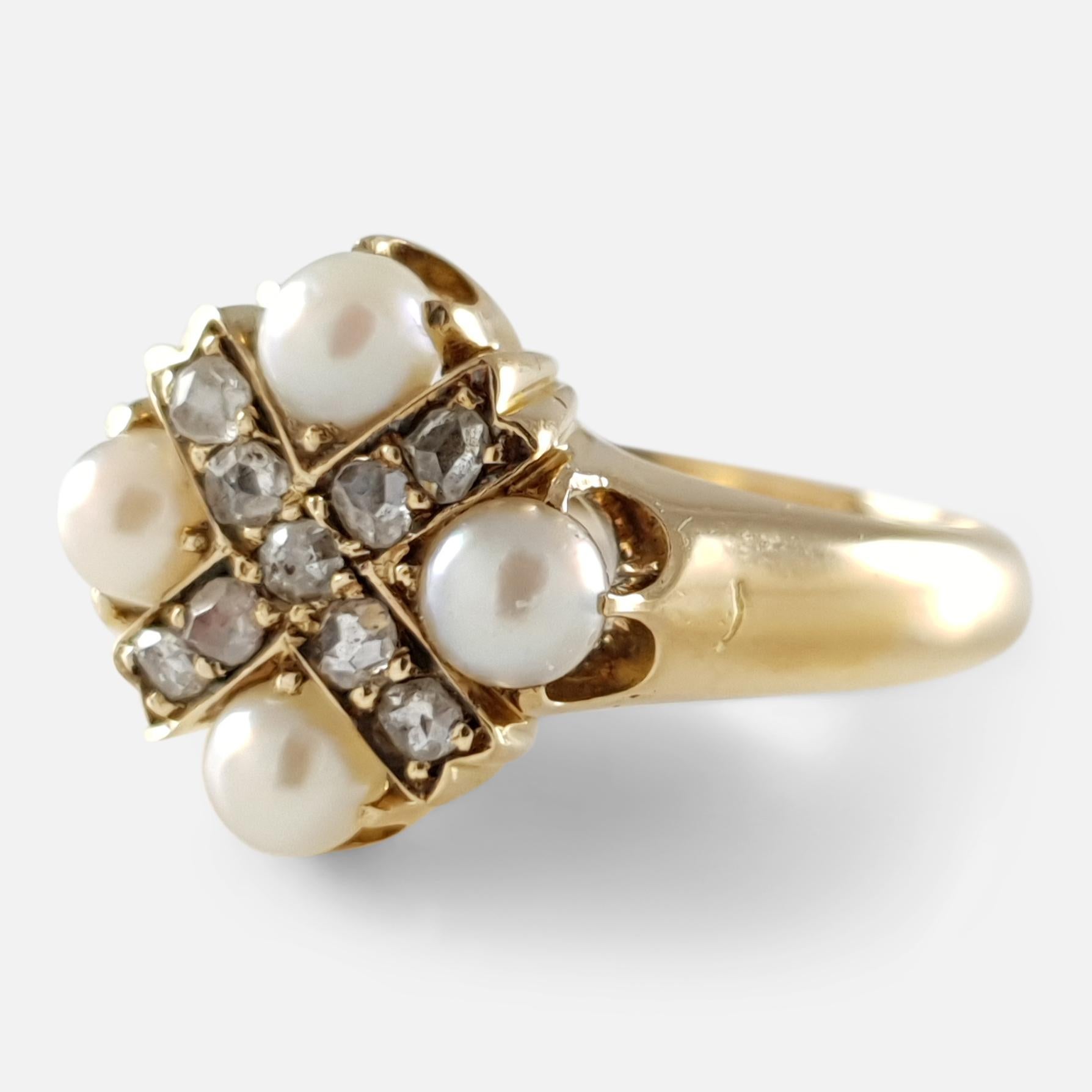 Victorian 18 Karat Yellow Gold Pearl and Diamond Cruciform Ring 2