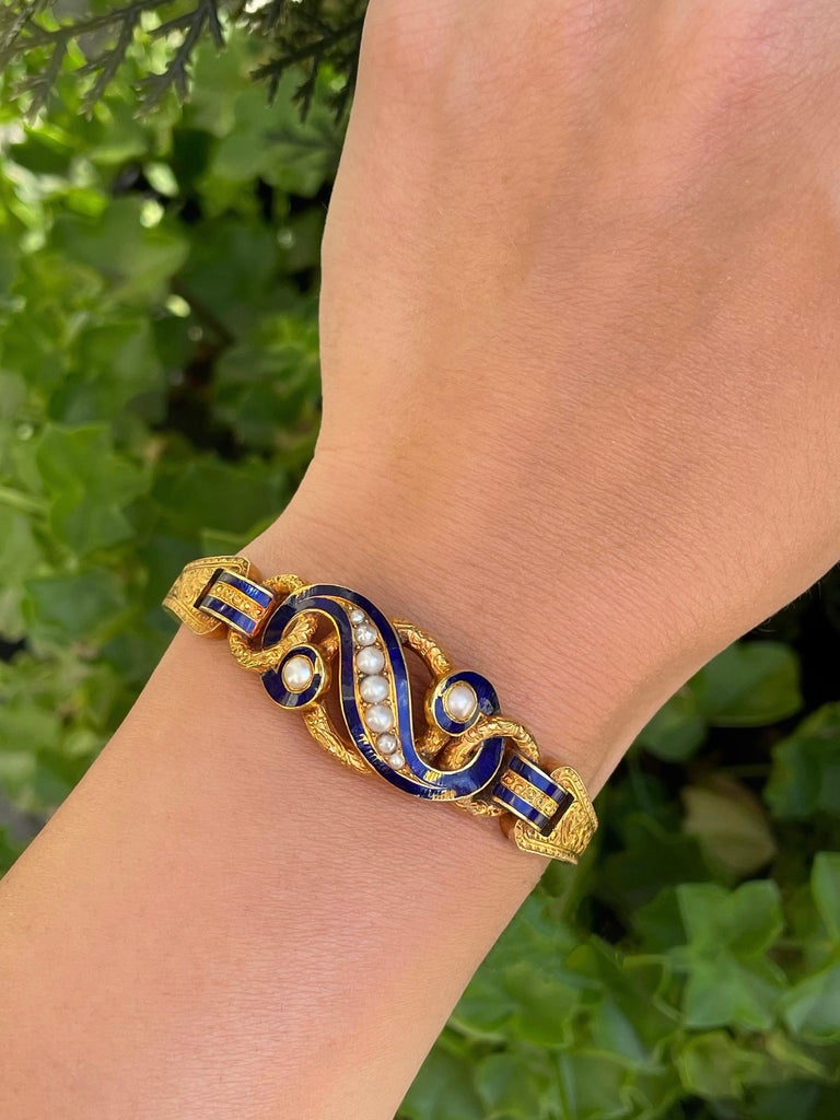 Victorian 18 Karat Yellow Gold Pearl Blue Enamel Hinged Bangle Bracelet ...