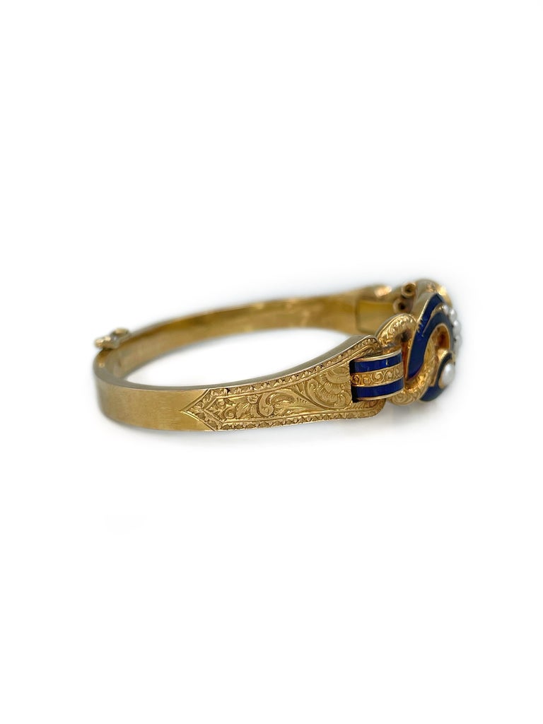 Victorian 18 Karat Yellow Gold Pearl Blue Enamel Hinged Bangle Bracelet ...