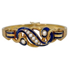 Victorian 18 Karat Yellow Gold Pearl Blue Enamel Hinged Bangle Bracelet