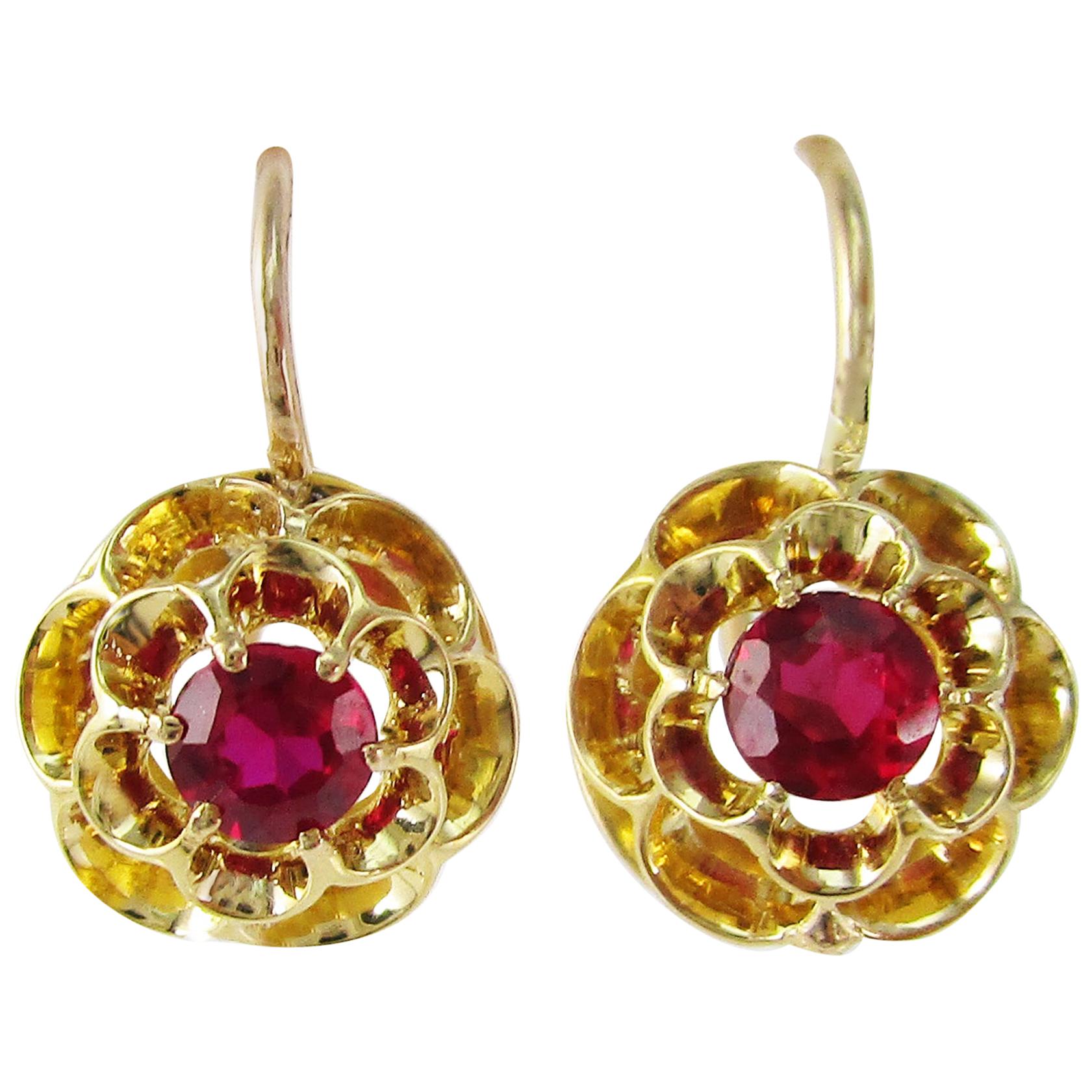 Victorian 18 Karat Yellow Gold Red Ruby Flower Dangle Earrings