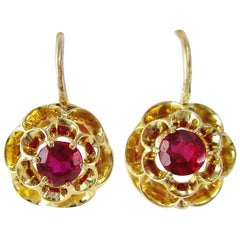 Antique Victorian 18 Karat Yellow Gold Red Ruby Flower Dangle Earrings
