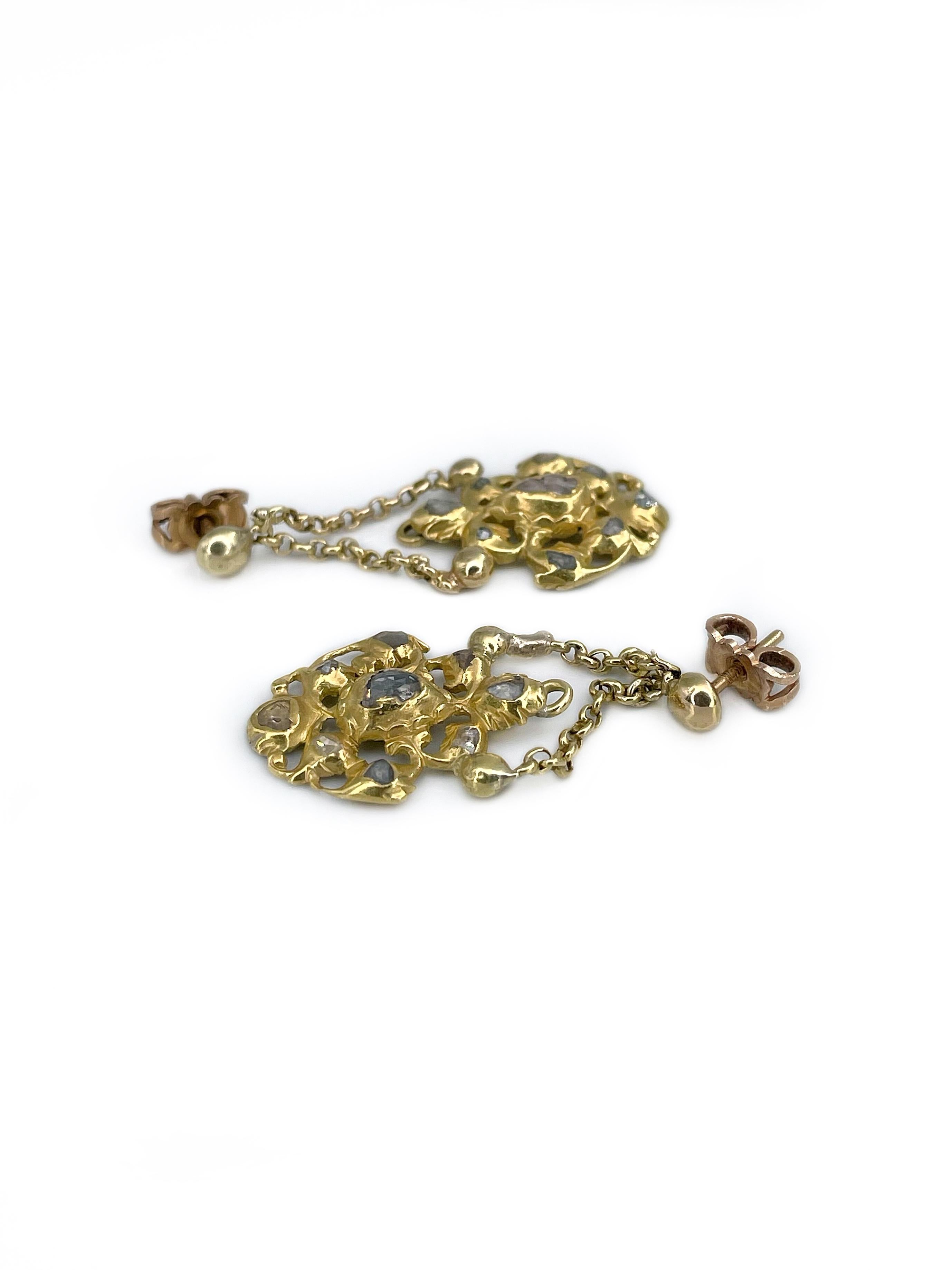 This is a gorgeous pair of drop stud earrings crafted in 18K yellow gold. The piece features rose cut diamonds.

Weight: 7.19g
Length: 3.9cm

———

If you have any questions, please feel free to ask. We describe our items accurately. Please note that