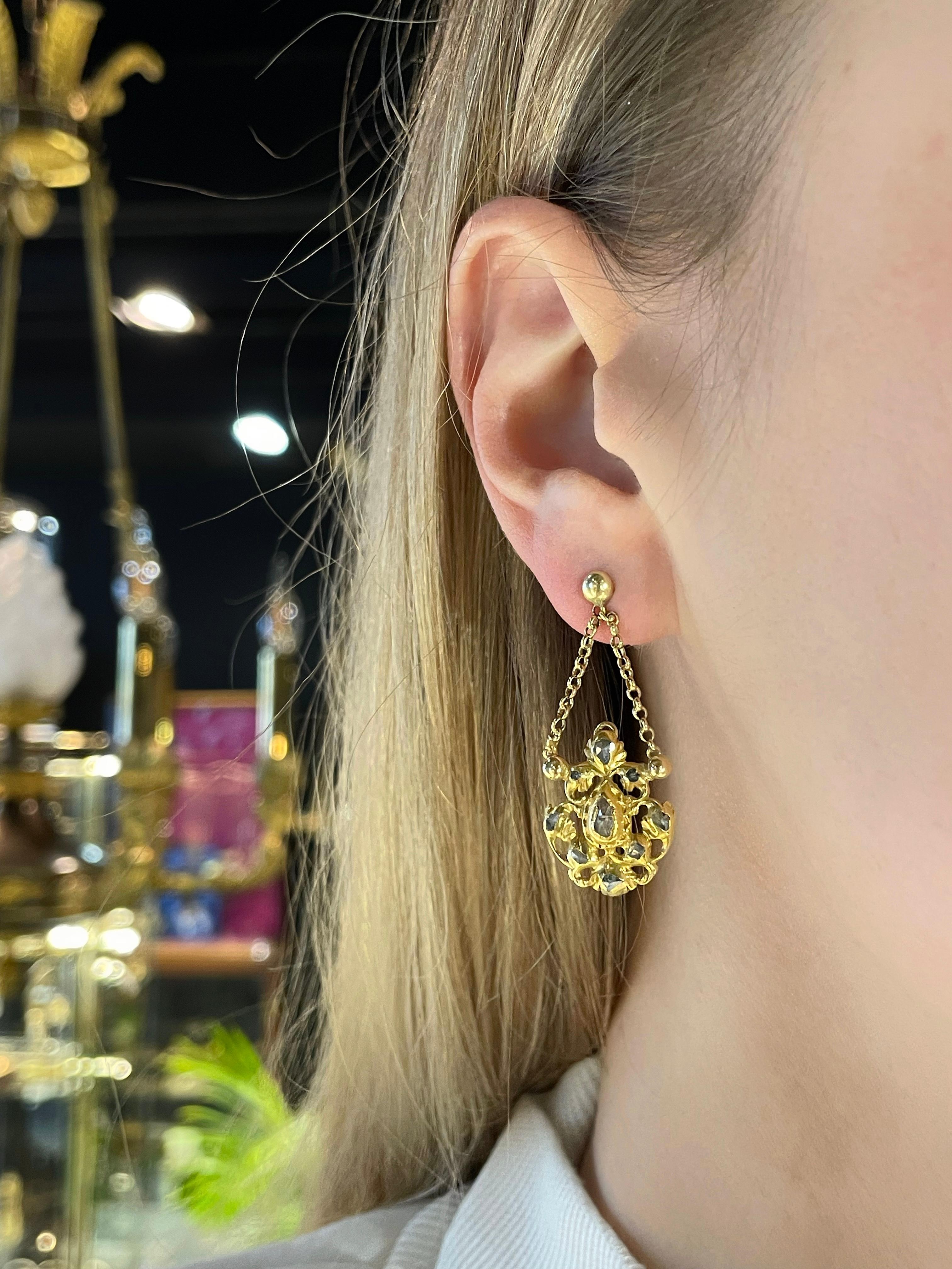 Victorian 18 Karat Yellow Gold Rose Cut Diamond Drop Stud Earrings In Good Condition In Vilnius, LT