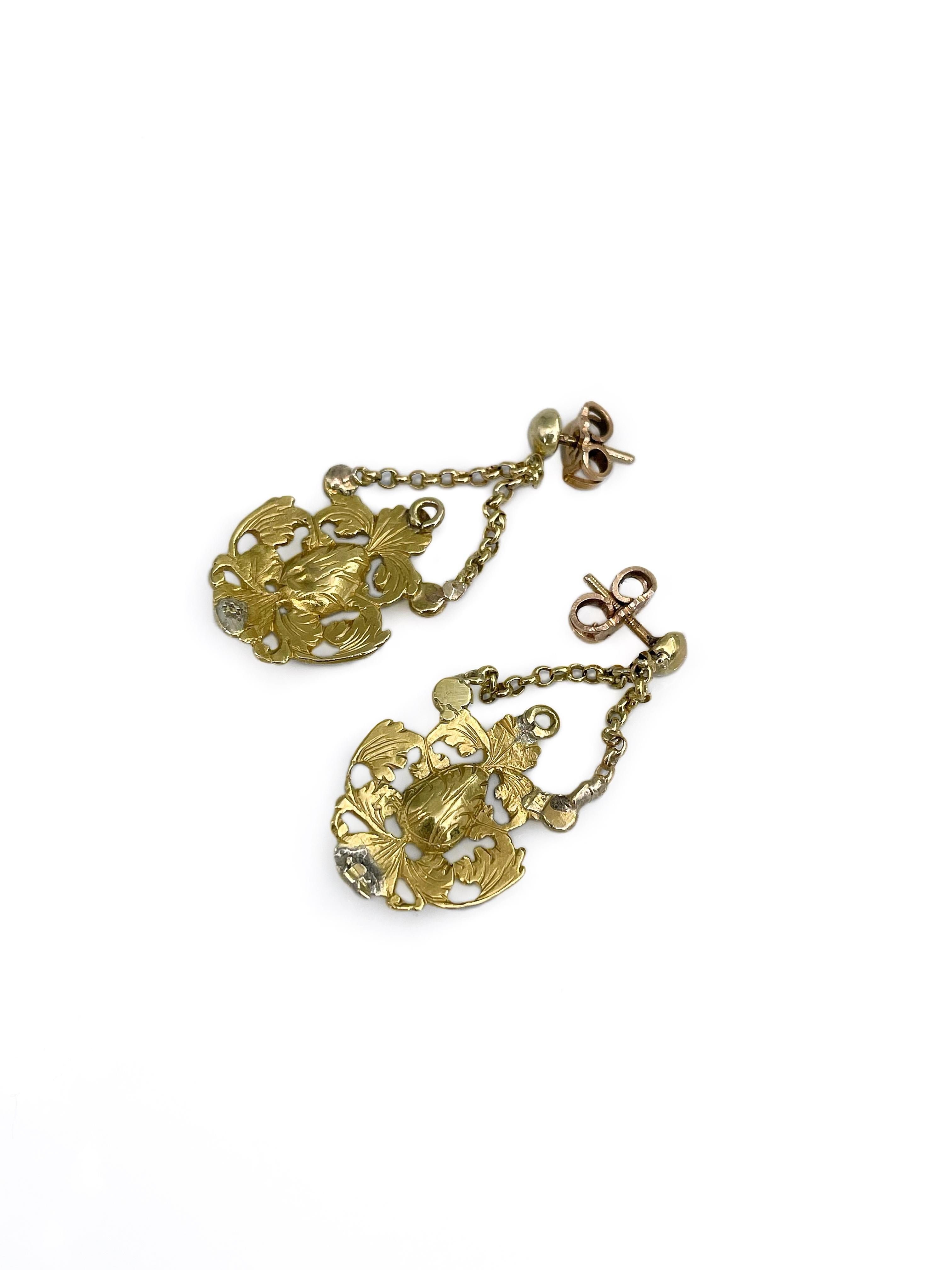 Women's Victorian 18 Karat Yellow Gold Rose Cut Diamond Drop Stud Earrings