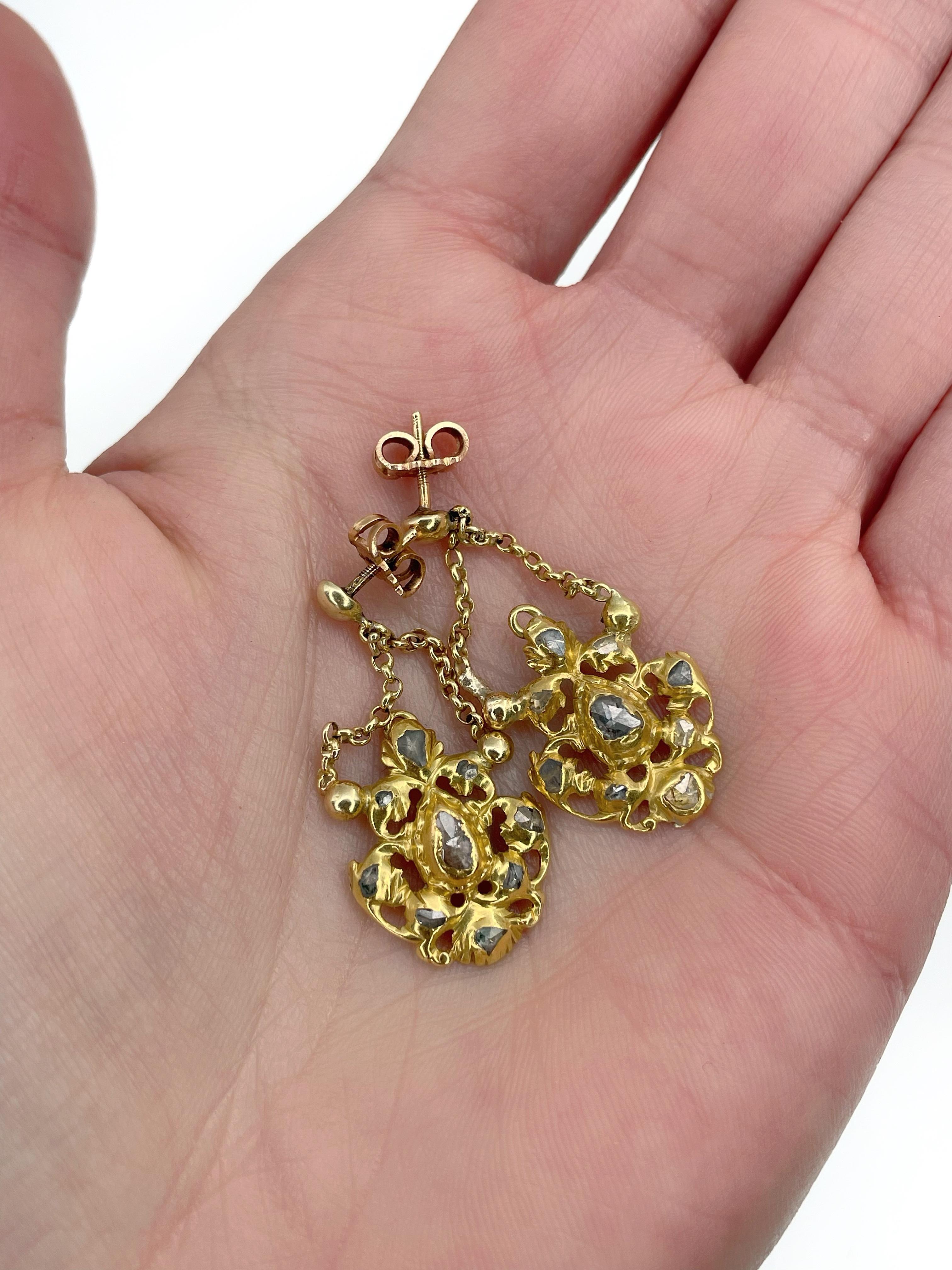 Victorian 18 Karat Yellow Gold Rose Cut Diamond Drop Stud Earrings 1