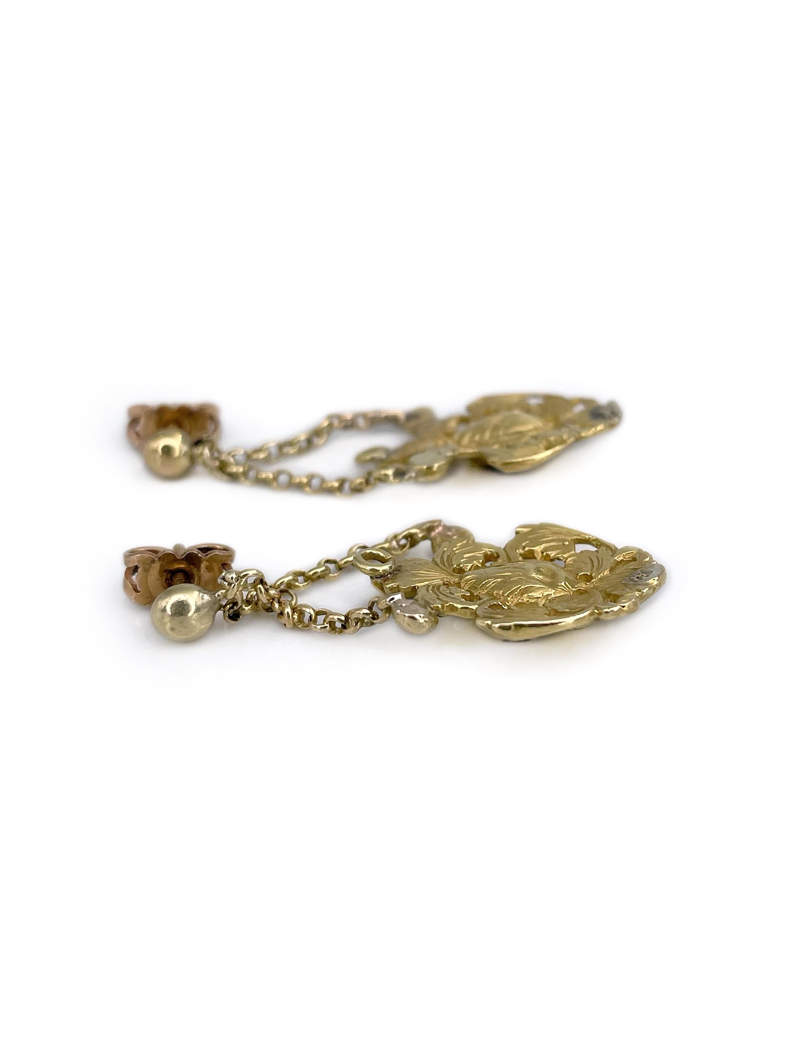 Victorian 18 Karat Yellow Gold Rose Cut Diamond Drop Stud Earrings 2