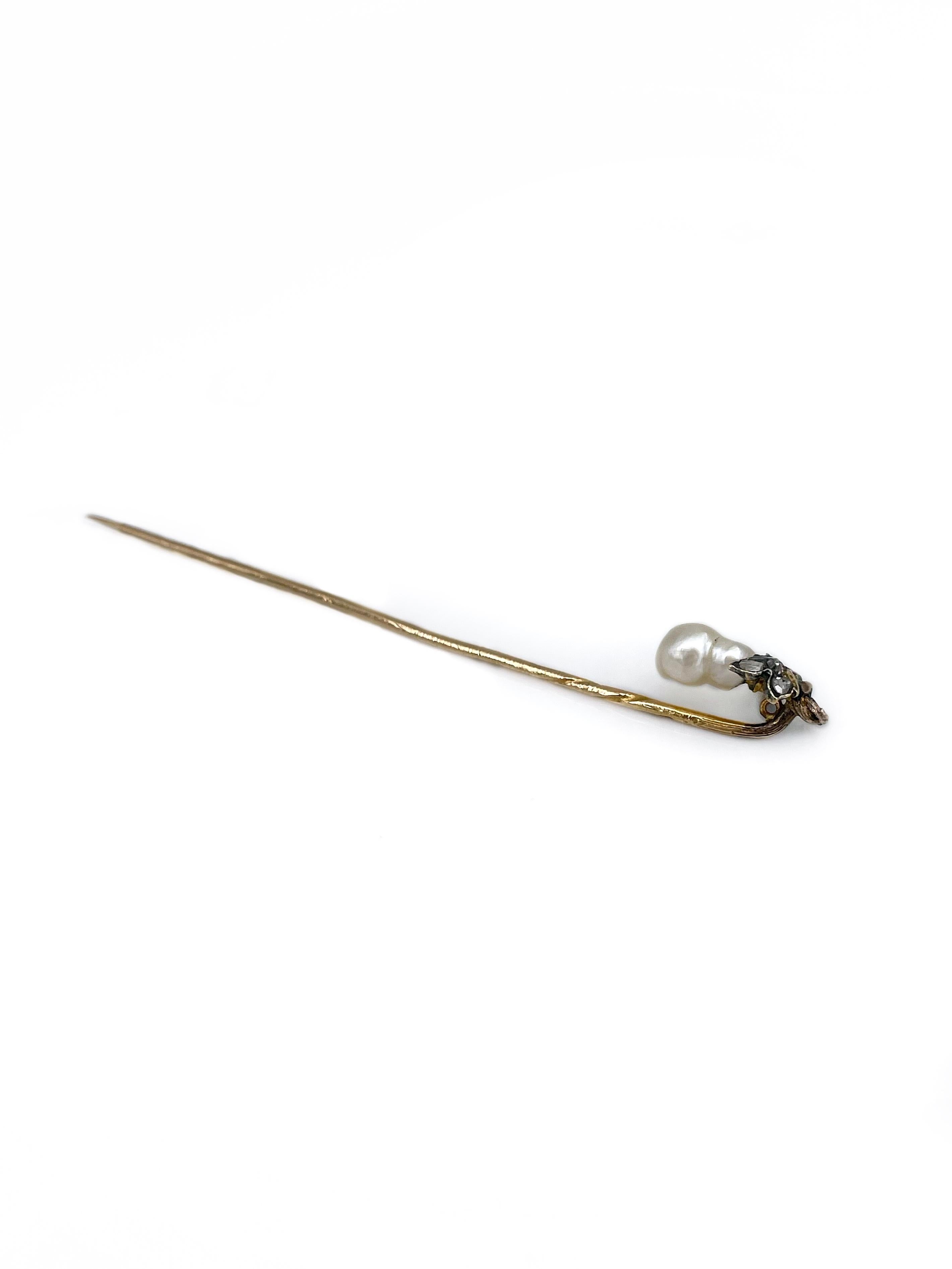 Victorian 18 Karat Yellow Gold Rose Cut Diamond Pearl Pear Stick Pin Brooch 1
